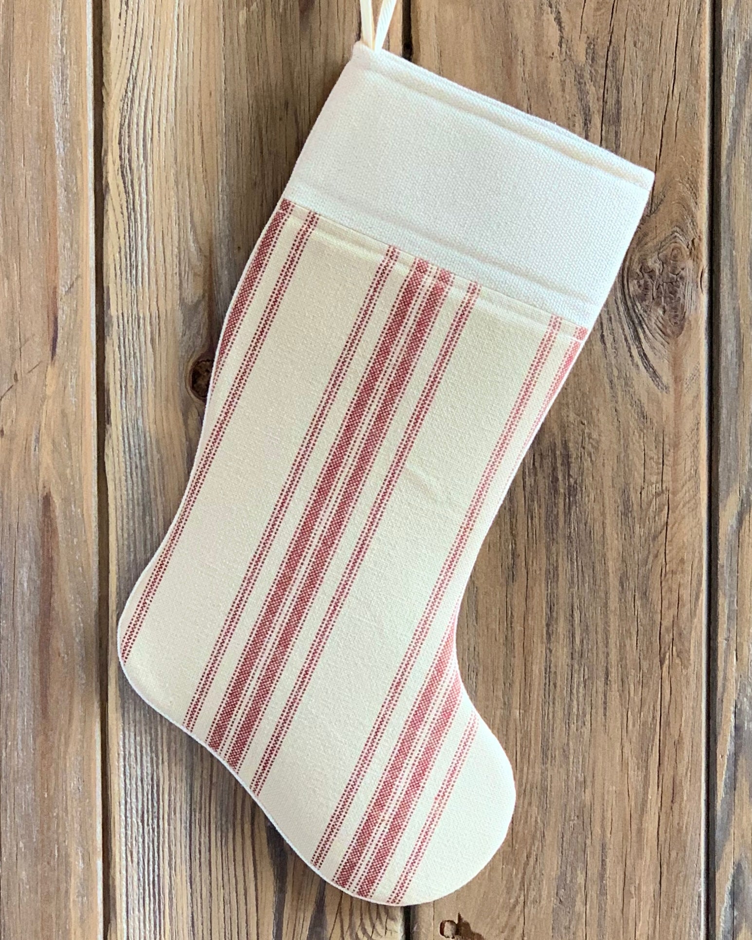 Grain Sack Christmas Stockings - Blue, Red, Black, and Gray - Vertical Stripe