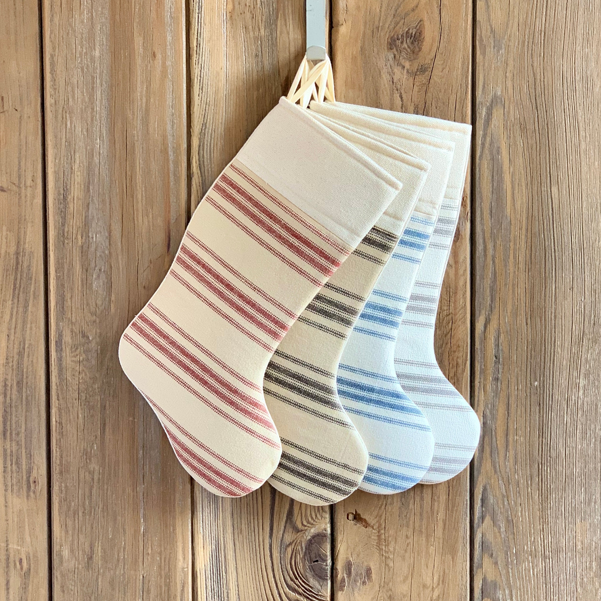 Grain Sack Christmas Stockings - Blue, Red, Black, and Gray - Horizontal Stripe