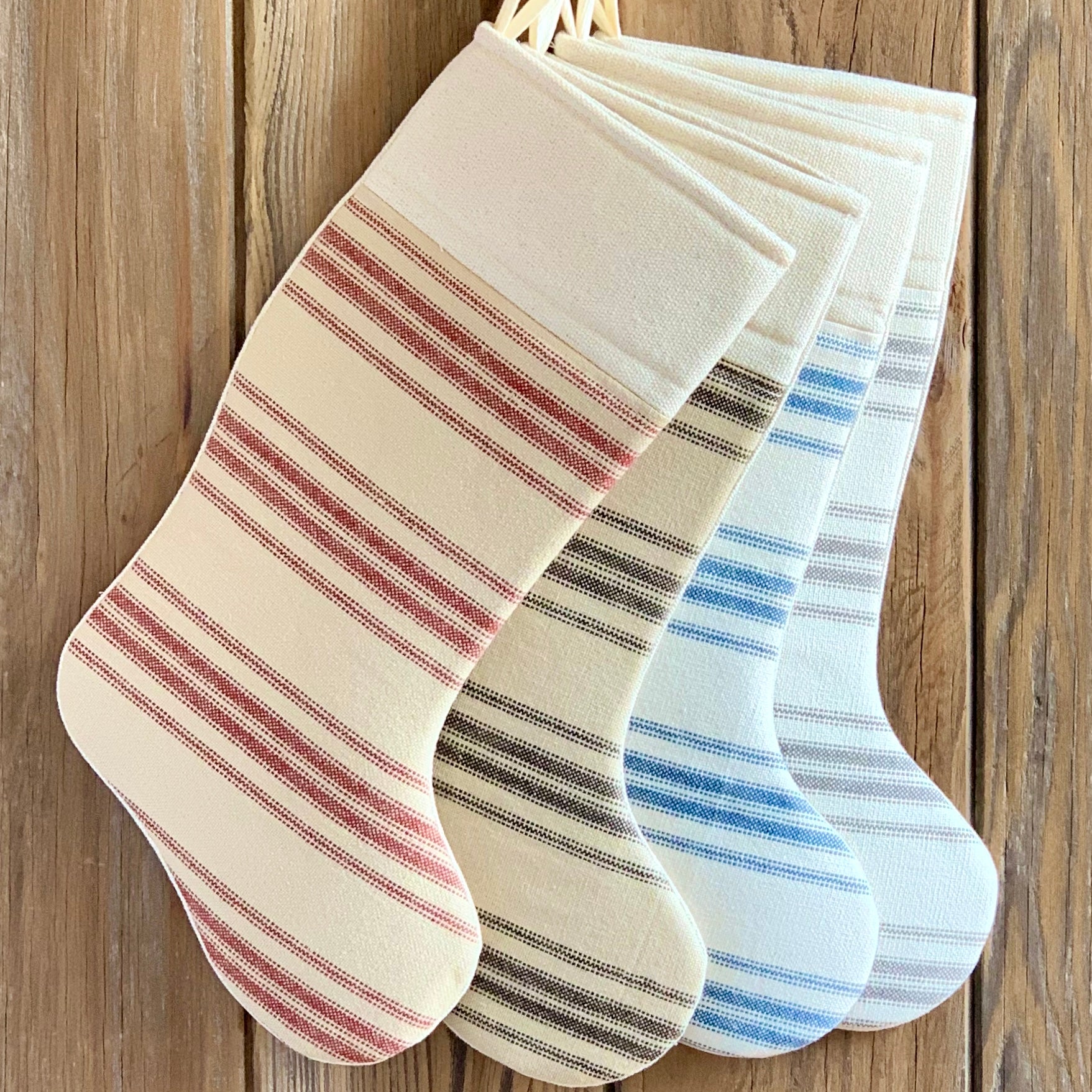 Grain Sack Christmas Stockings - Blue, Red, Black, and Gray - Horizontal Stripe