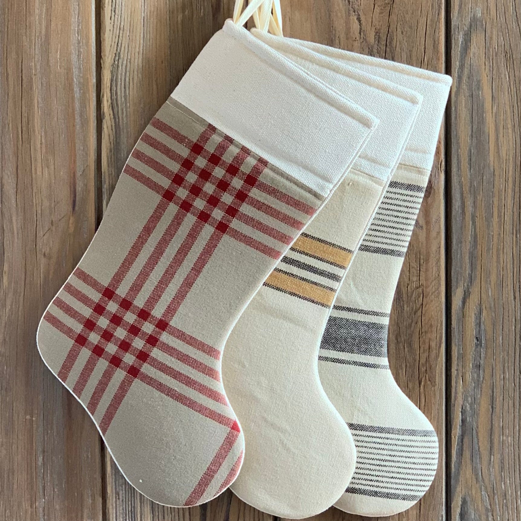 Grain Sack Christmas Stockings - Black, Mustard Stripe and Red Plaid