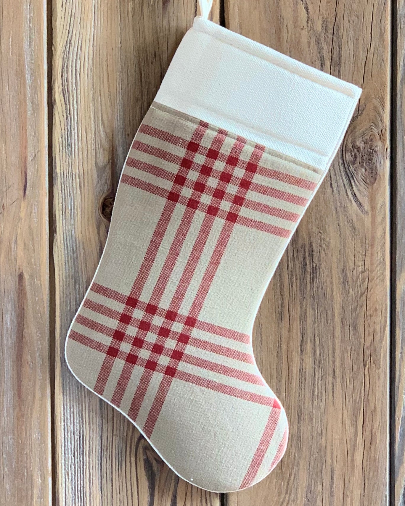 Grain Sack Christmas Stockings - Black, Mustard Stripe and Red Plaid