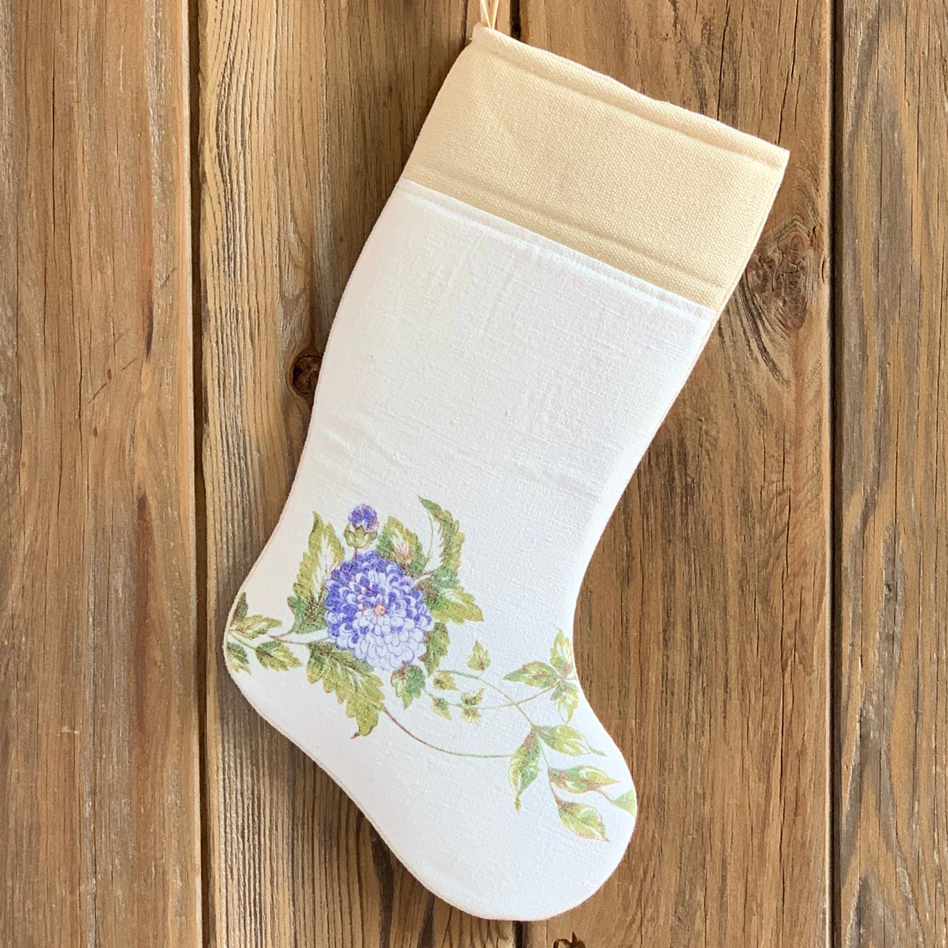 Upcycled Vintage Linen Christmas Stocking - Floral