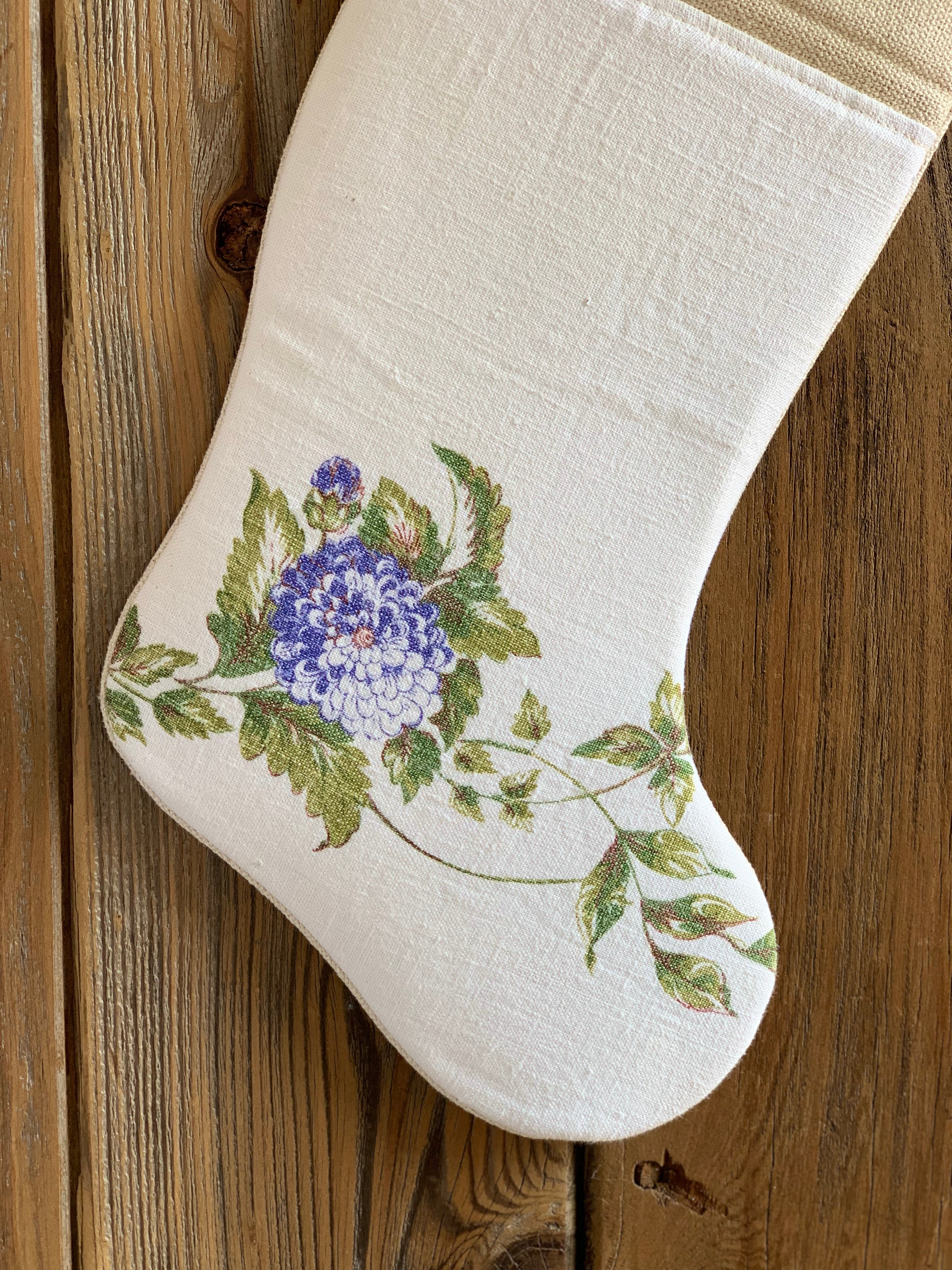 Upcycled Vintage Linen Christmas Stocking - Floral