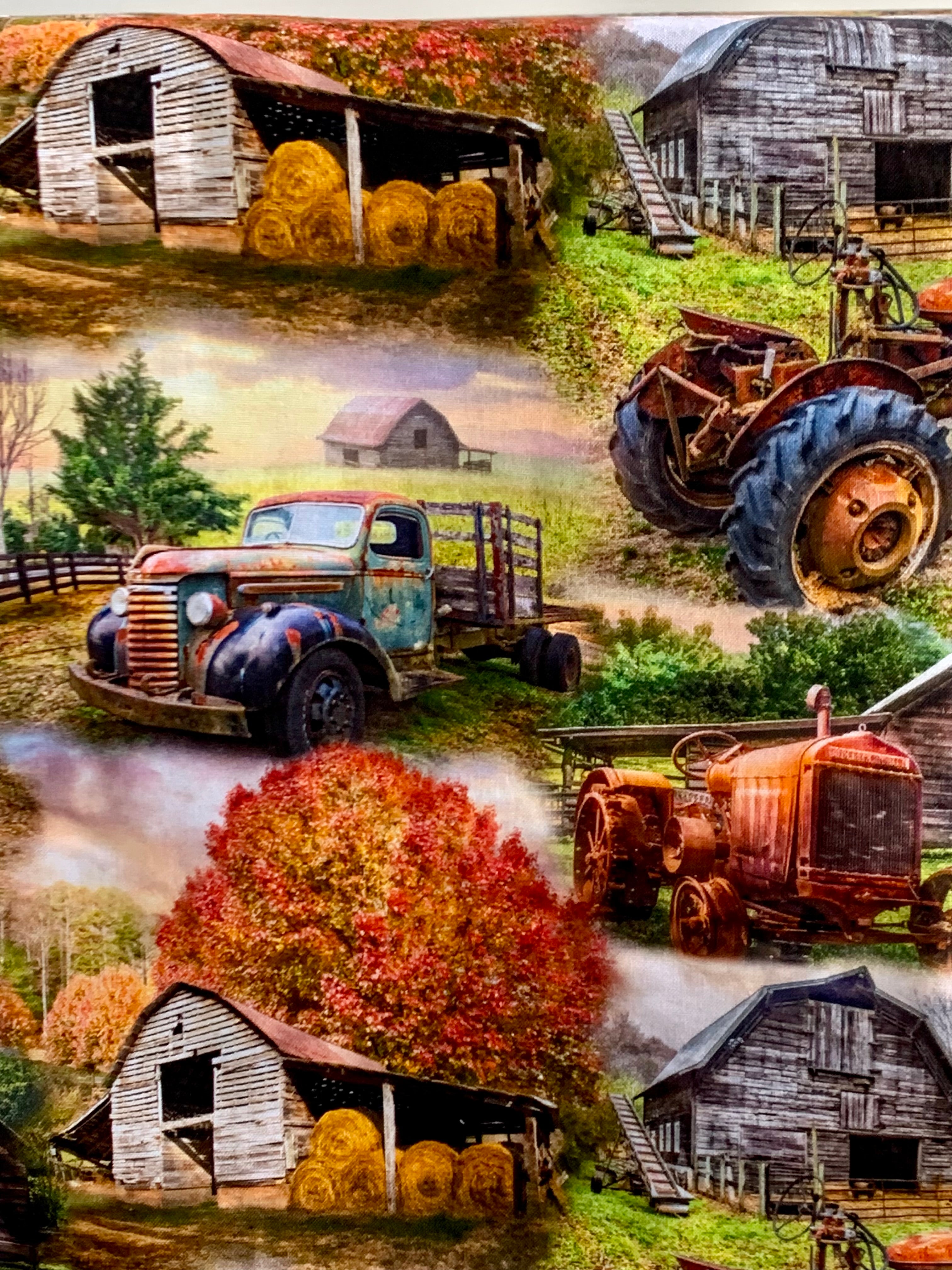 Old Tractors, Barns, and a Farm Truck Cotton Fabric