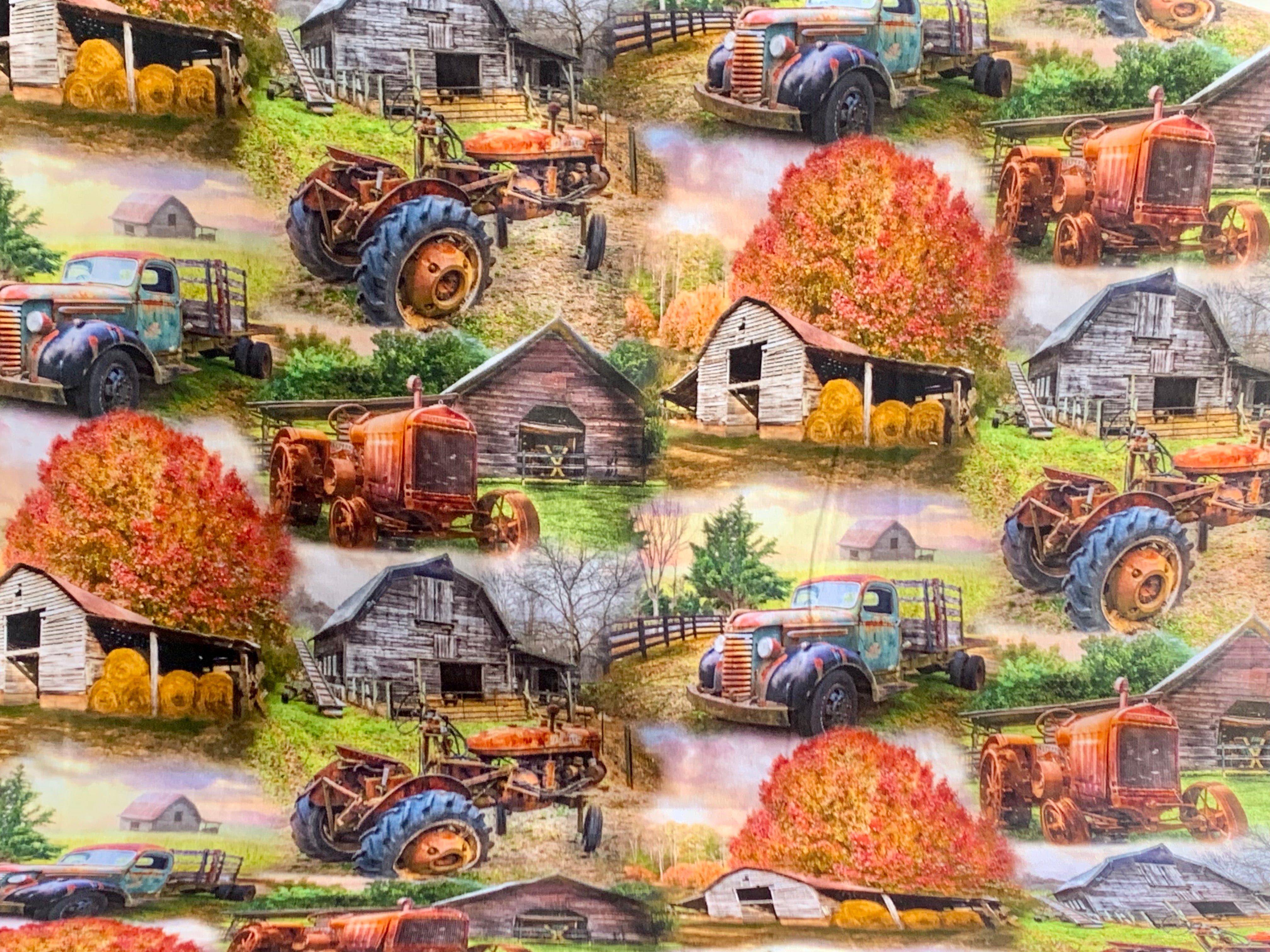 Old Tractors, Barns, and a Farm Truck Cotton Fabric