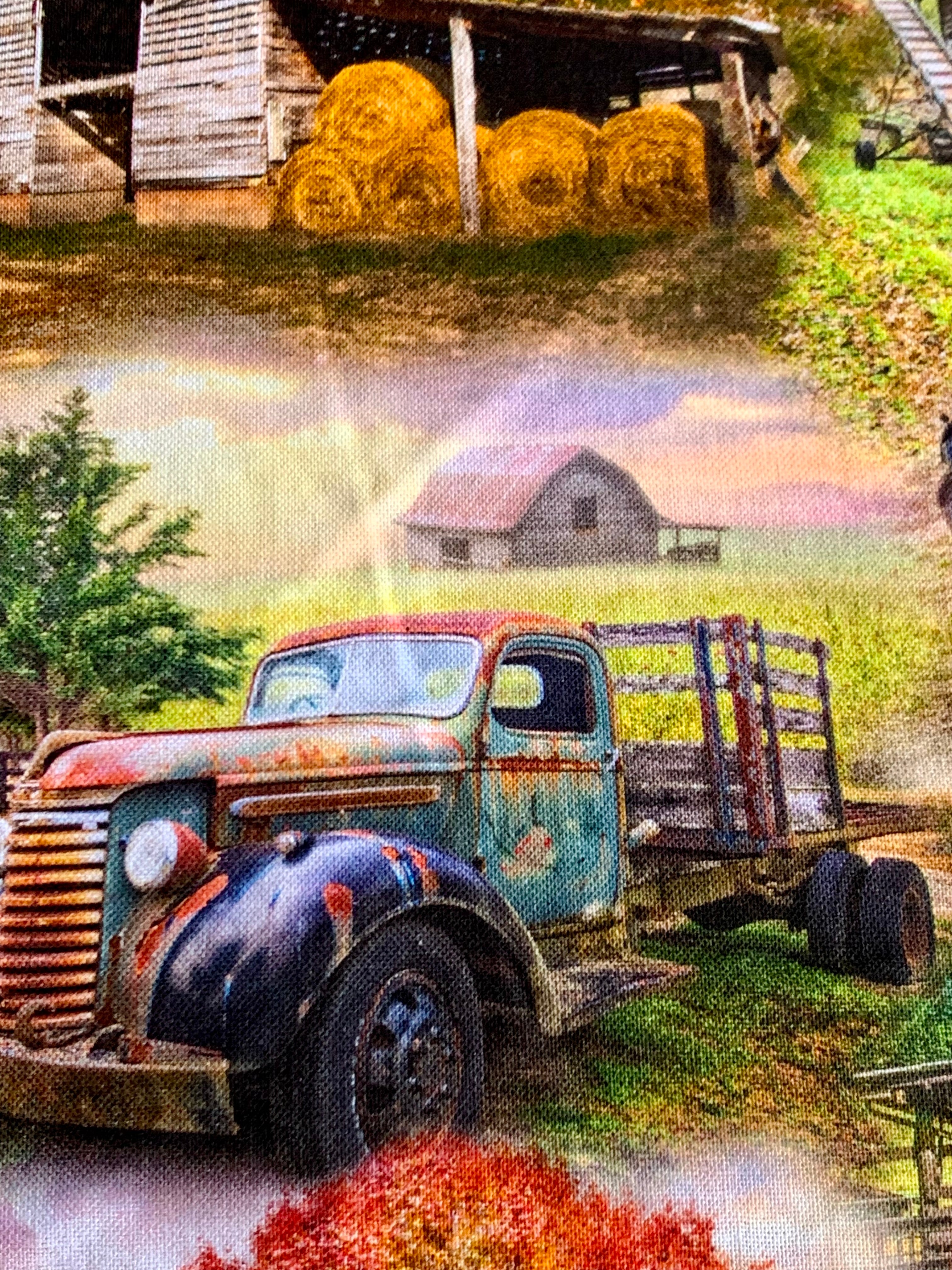 Old Tractors, Barns, and a Farm Truck Cotton Fabric