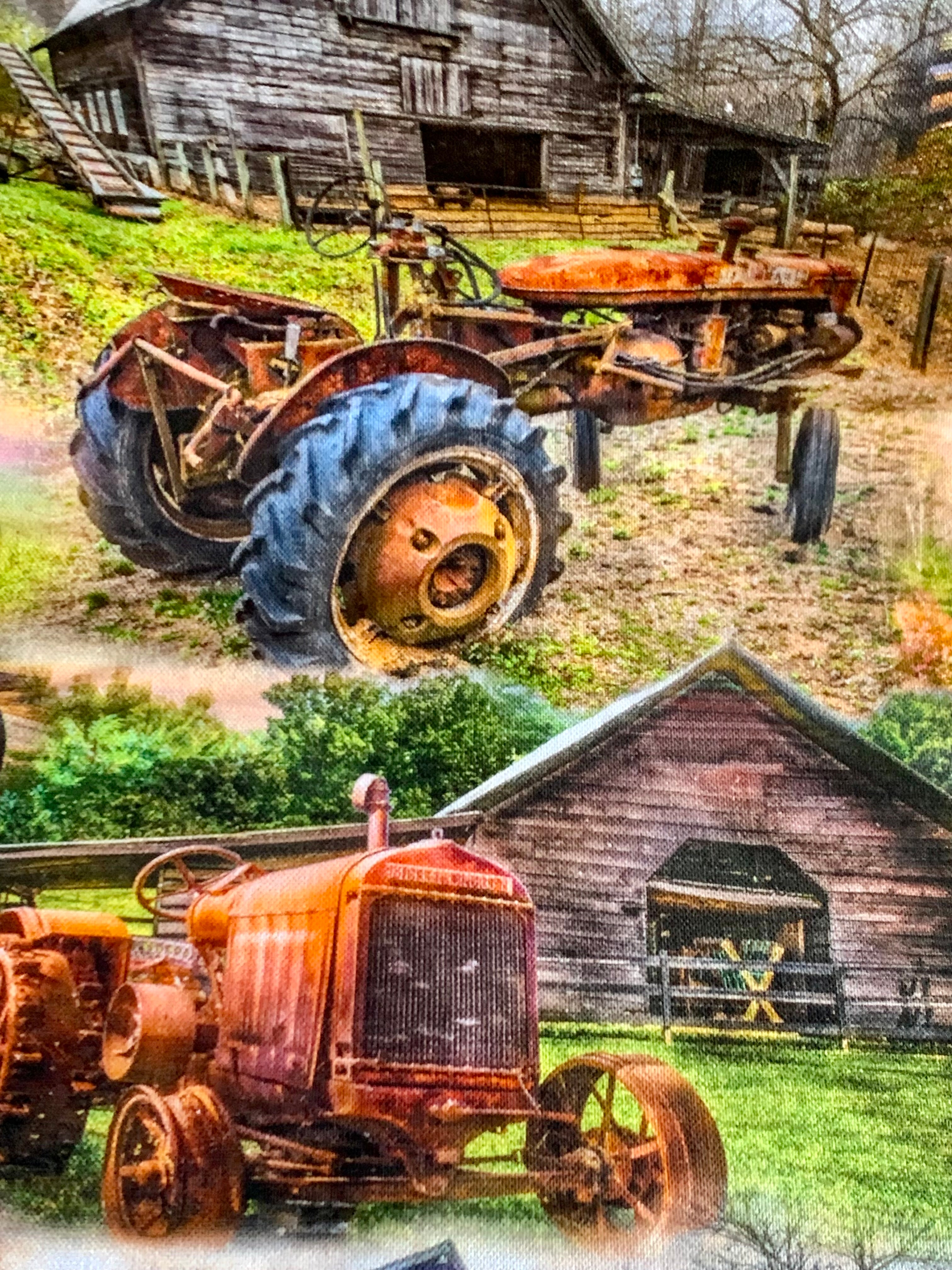 Old Tractors, Barns, and a Farm Truck Cotton Fabric