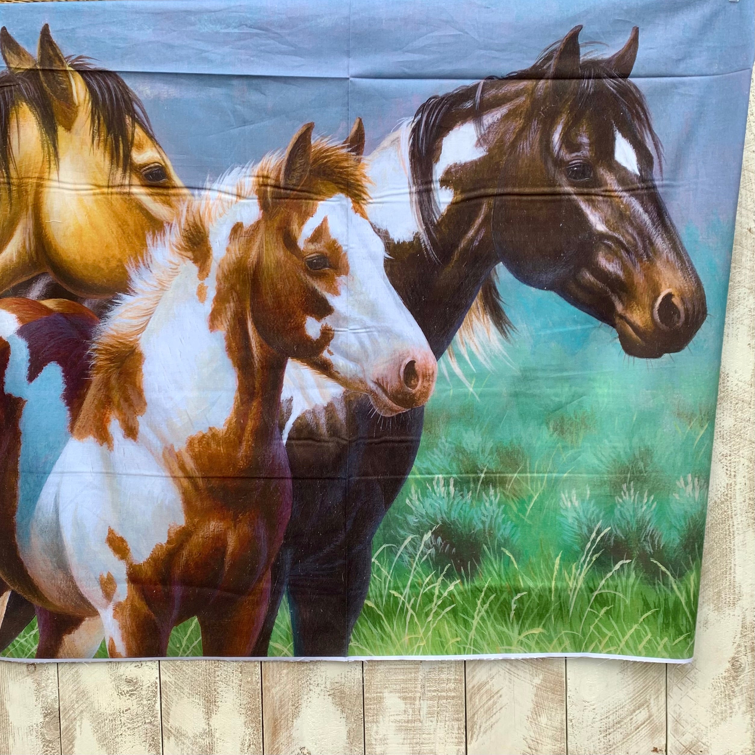 Three Horses in Green Pasture Fabric Panel