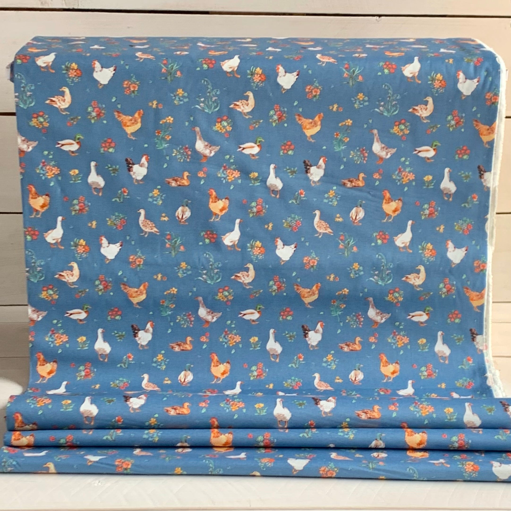 Farm Fowl, Farm Meadow by Clare Therese Gray Windham Fabrics - Blue 52795-9 Cotton Fabric