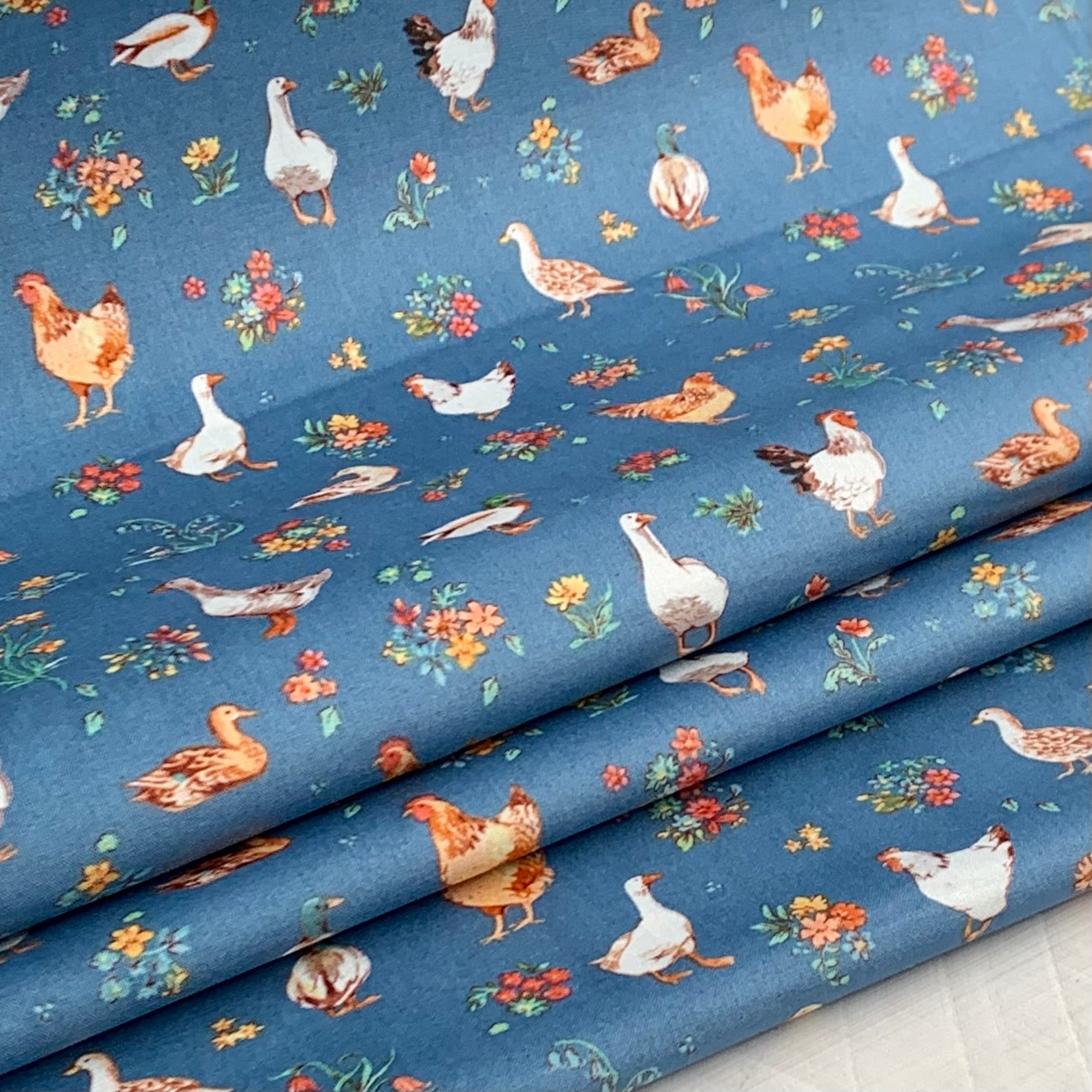 Farm Fowl, Farm Meadow by Clare Therese Gray Windham Fabrics - Blue 52795-9 Cotton Fabric