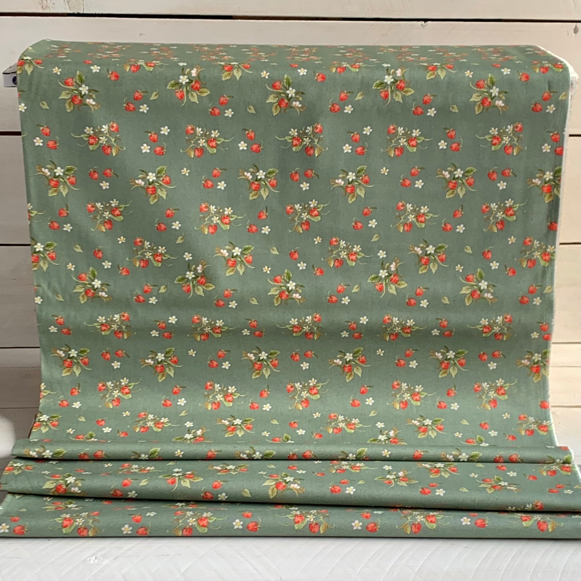 Strawberries Farm Meadow by Clare Therese Gray Windham Fabrics - Slate Green 52796-10 Cotton Fabric