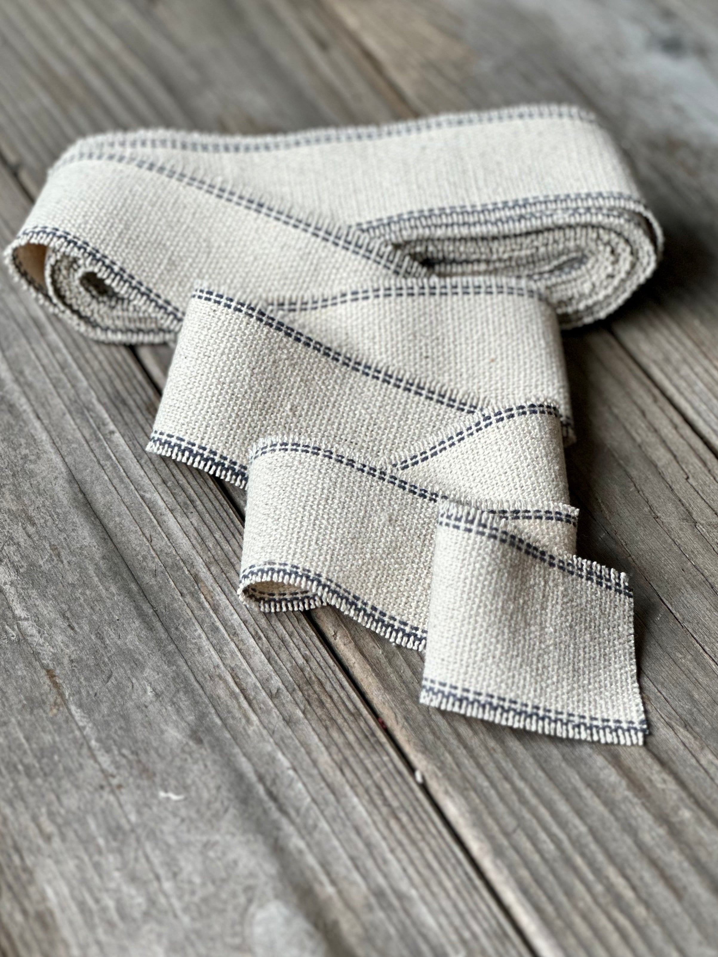 Grain Sack Ribbon - Navy and Cream Striped Frayed Edge - 2" Wide OUT OF STOCK WILL RESTOCK DEC. 2025