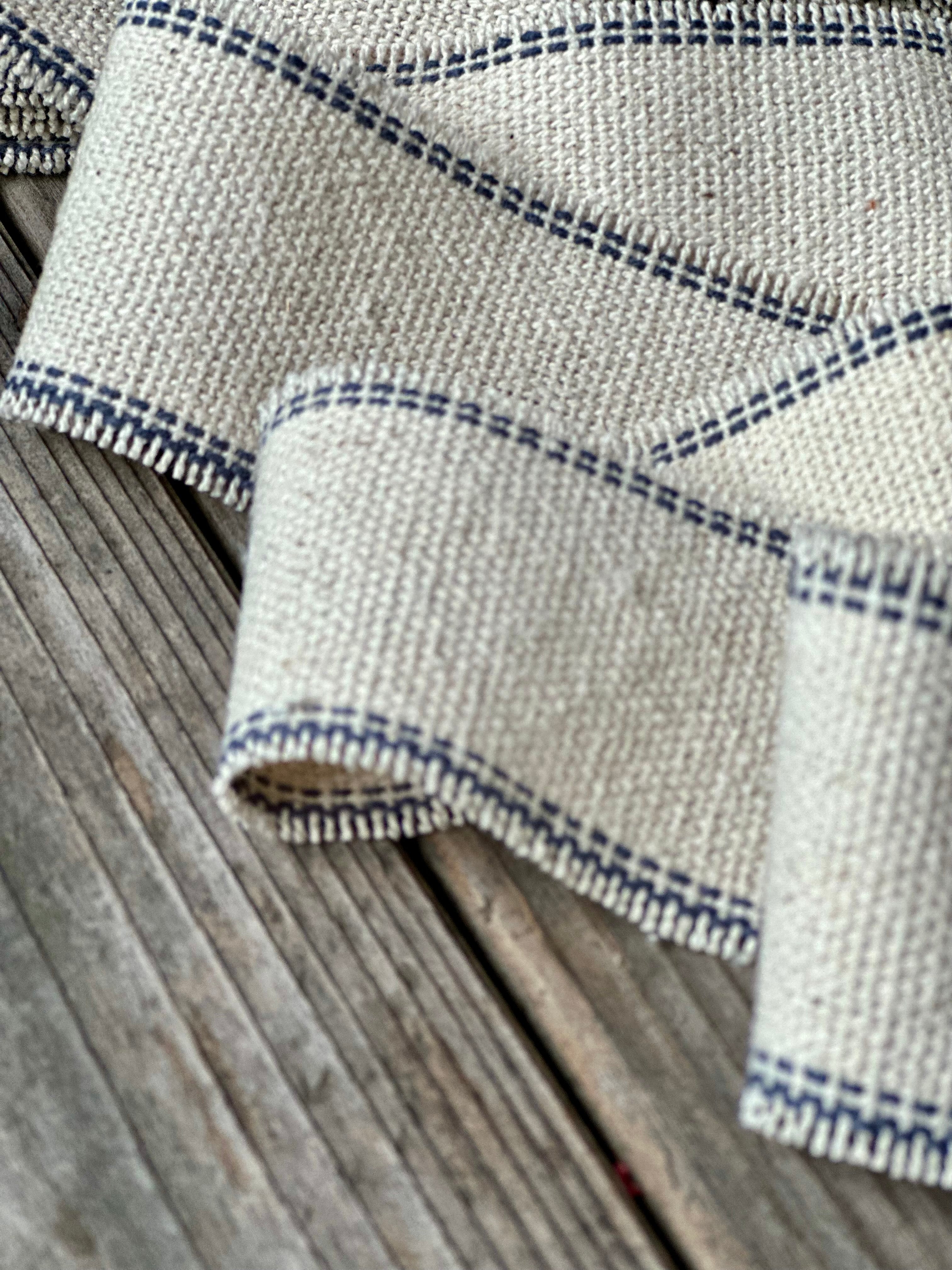 Grain Sack Ribbon - Navy and Cream Striped Frayed Edge - 2" Wide OUT OF STOCK WILL RESTOCK DEC. 2025