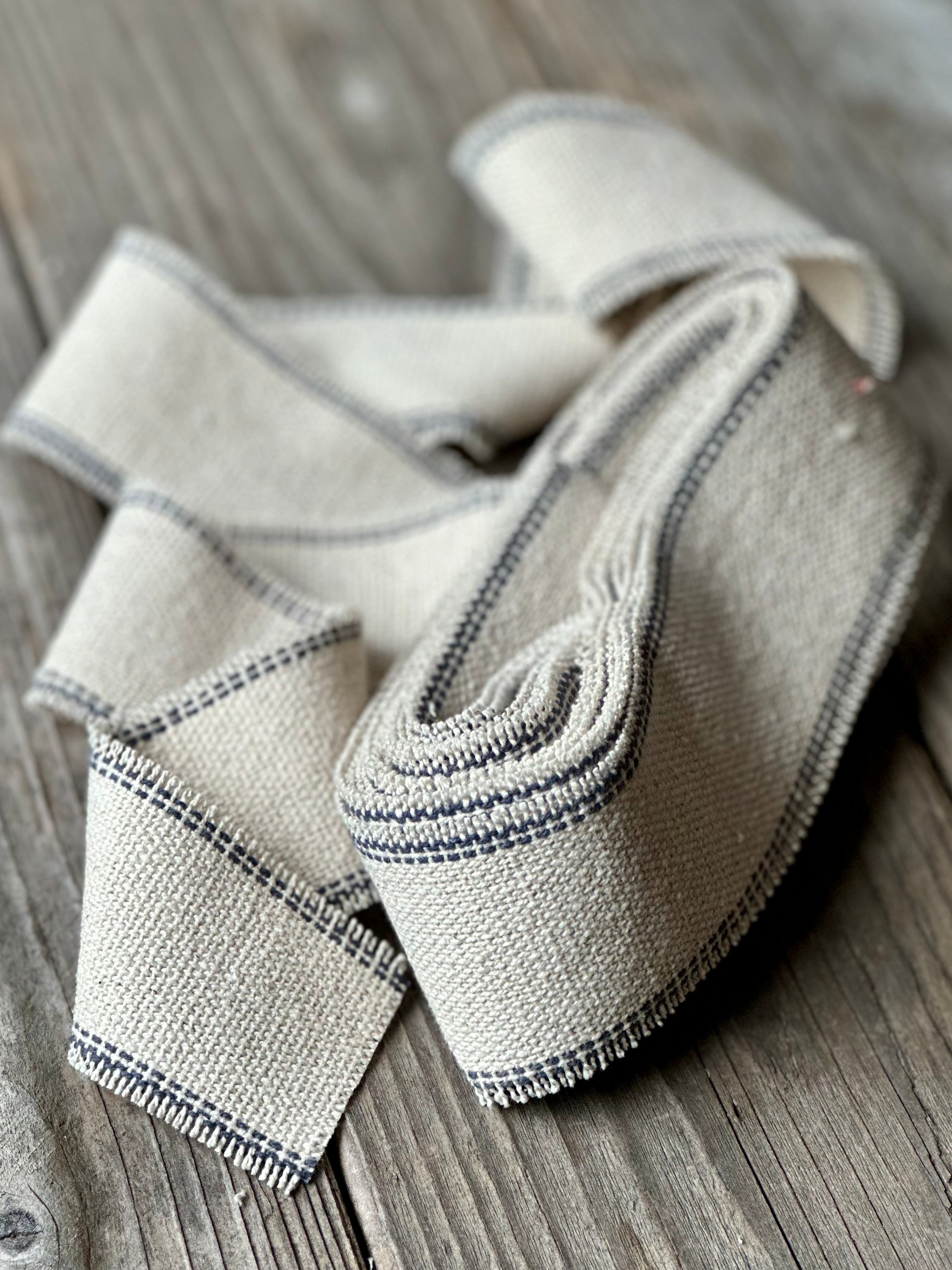 Grain Sack Ribbon - Navy and Cream Striped Frayed Edge - 2" Wide OUT OF STOCK WILL RESTOCK DEC. 2025