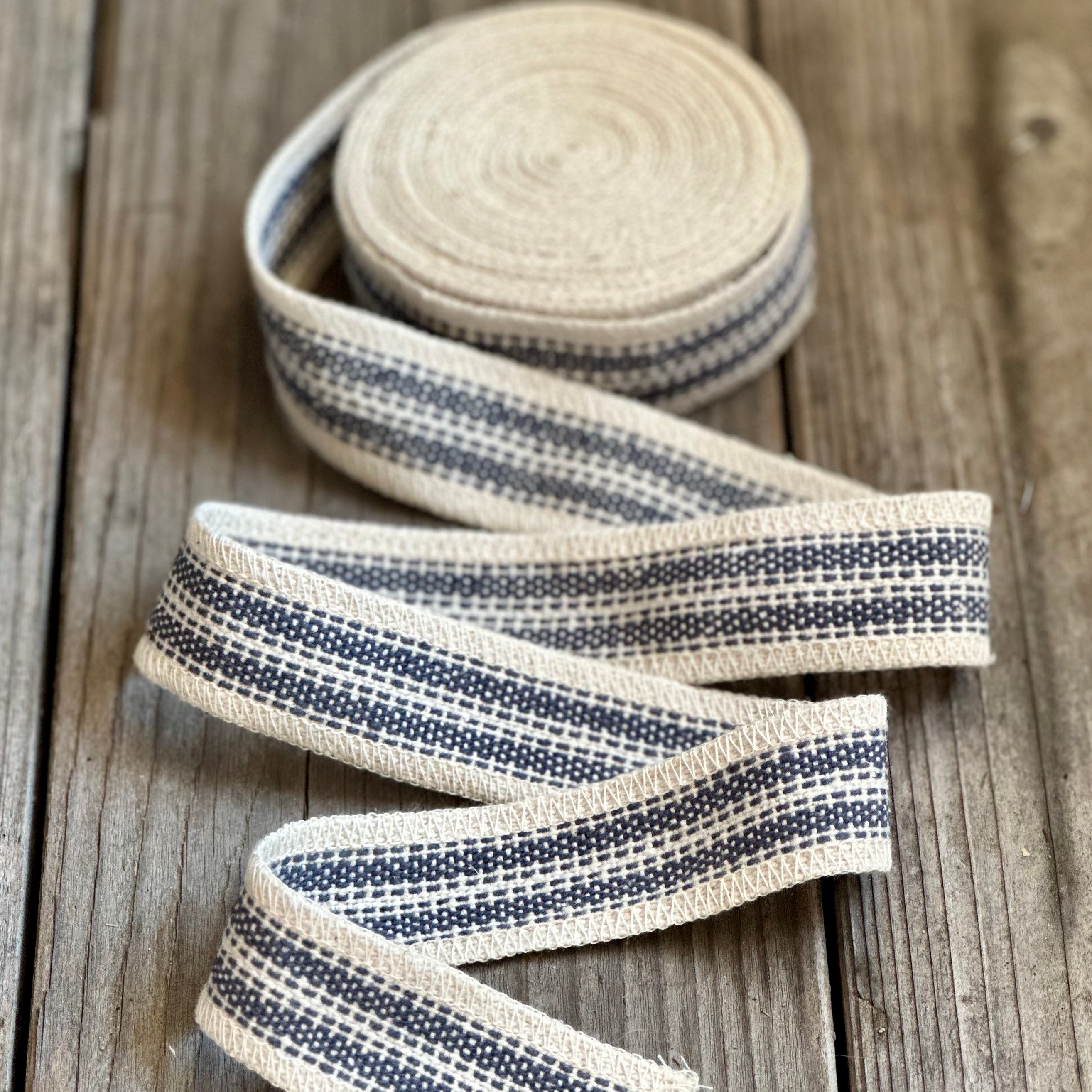 Grain Sack Ribbon - Navy and Cream Striped - Serged Edge 1 1/4" Wide - 5 Yards