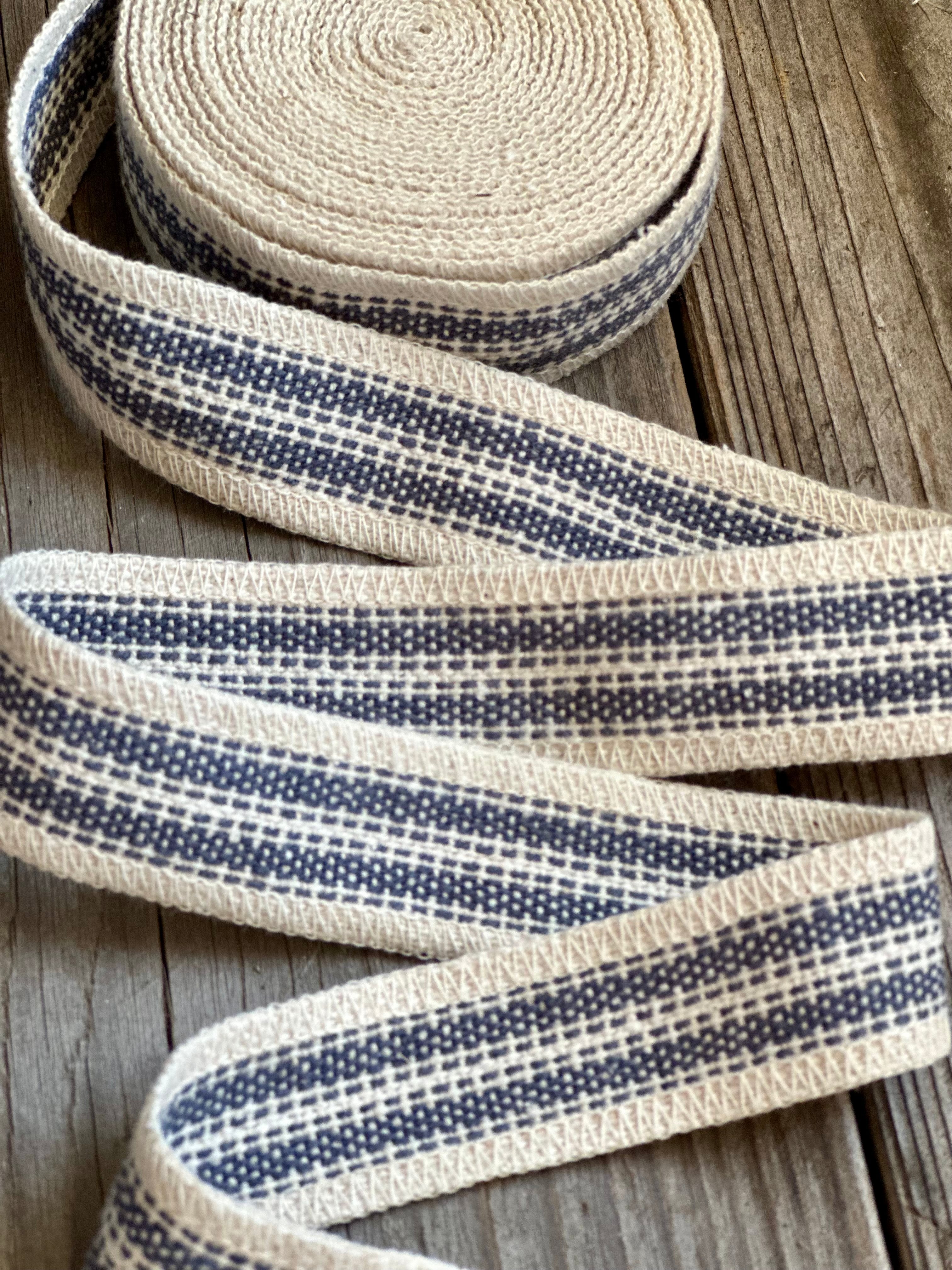 Grain Sack Ribbon - Navy and Cream Striped - Serged Edge 1 1/4" Wide - 5 Yards