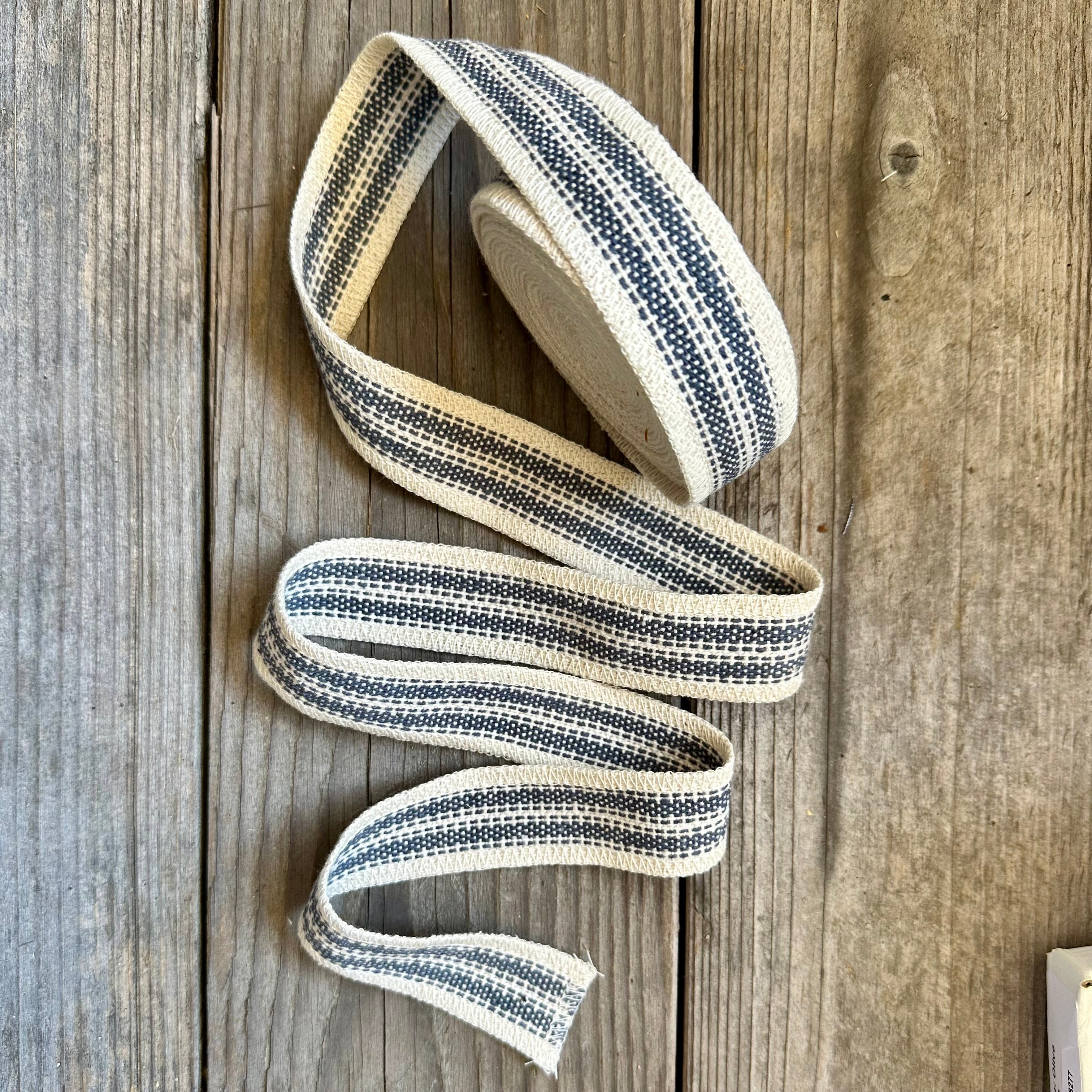 Grain Sack Ribbon - Navy and Cream Striped - Serged Edge 1 1/4" Wide - 5 Yards