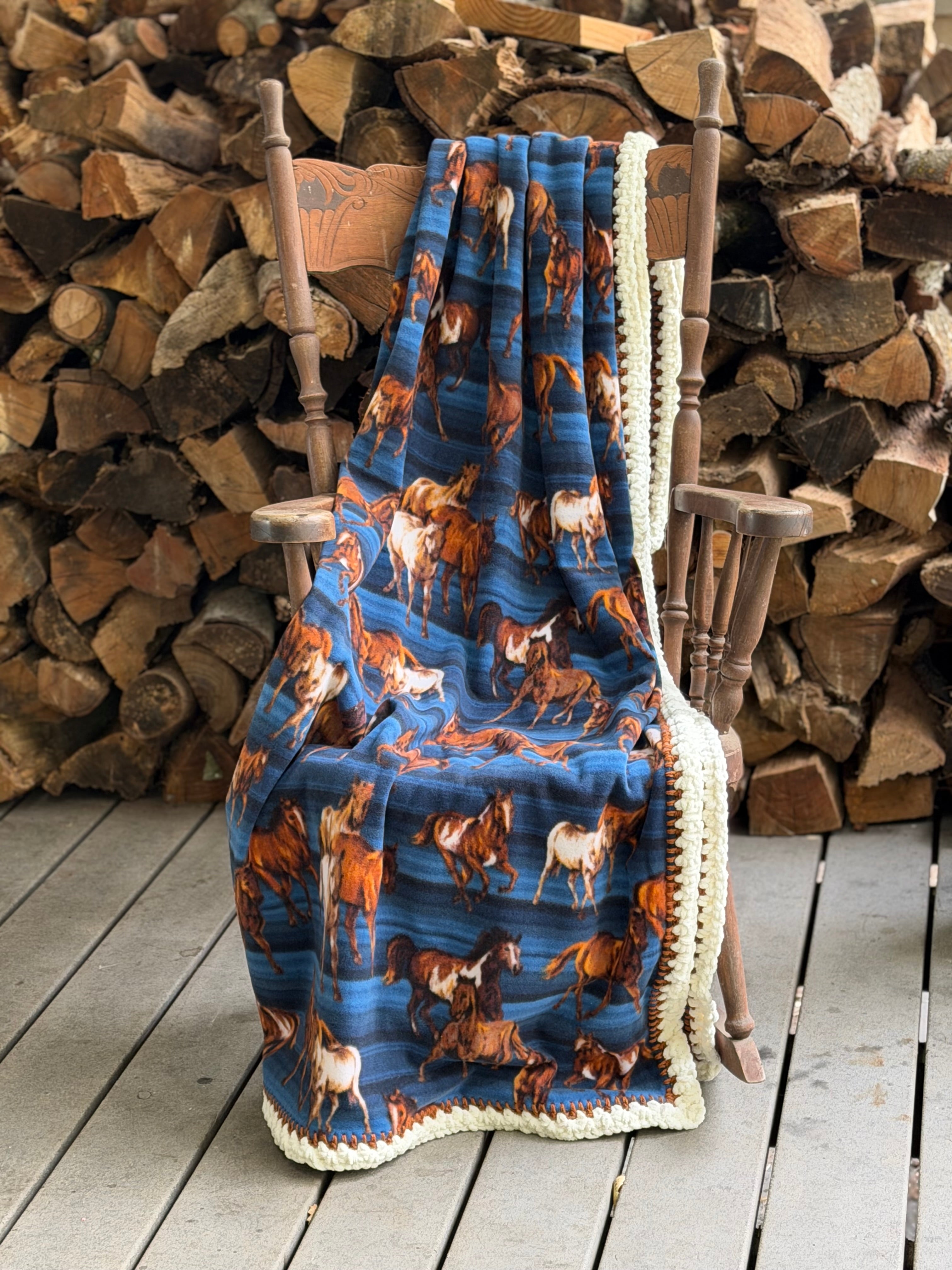 Crochet Edge Horse Fleece Blanket