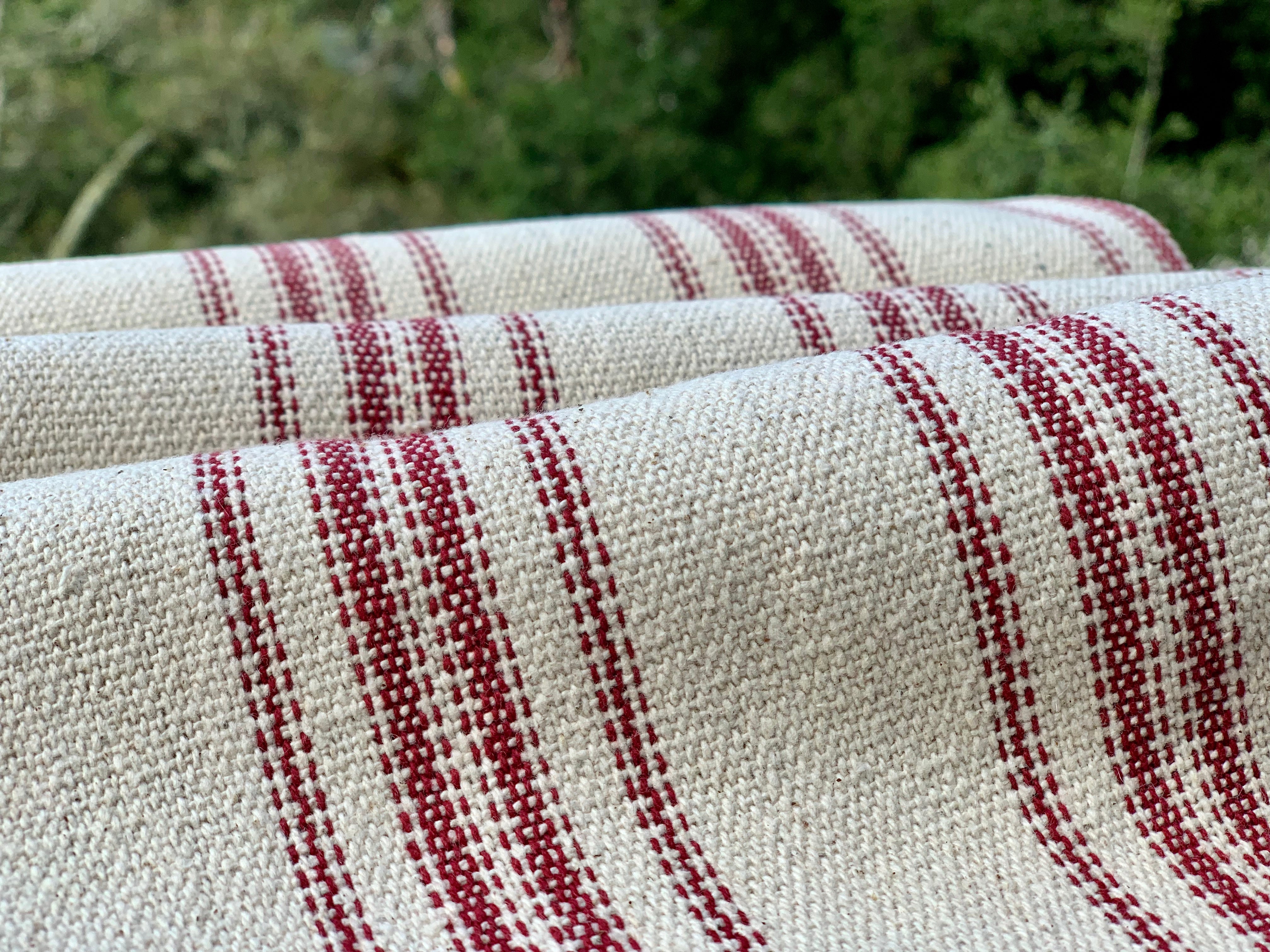 Grain Sack Fabric - Red Multi Stripes on Cream