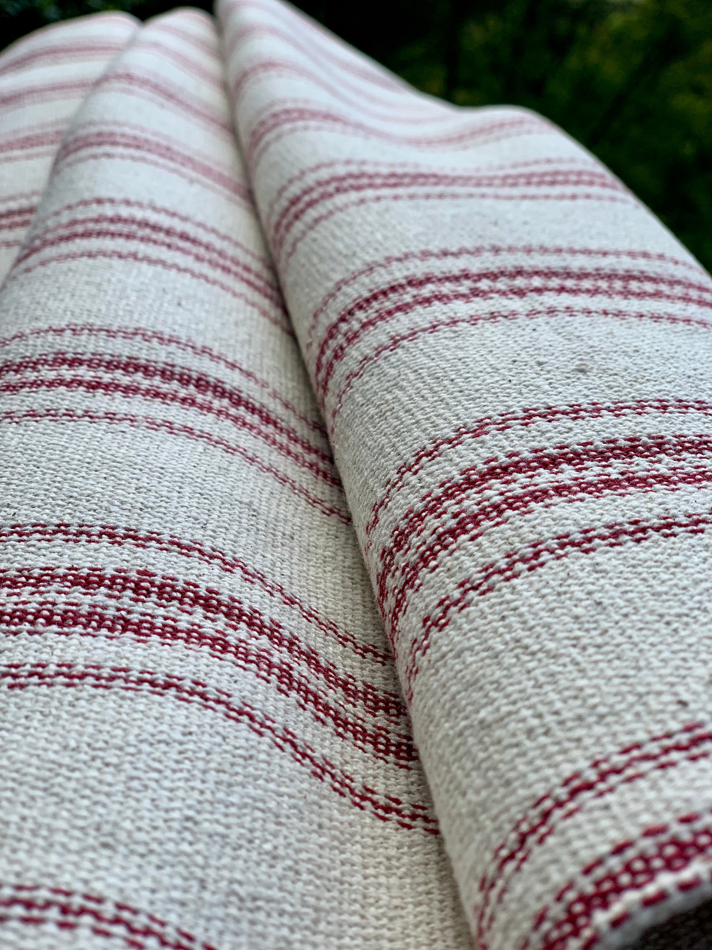 Grain Sack Fabric - Red Multi Stripes on Cream