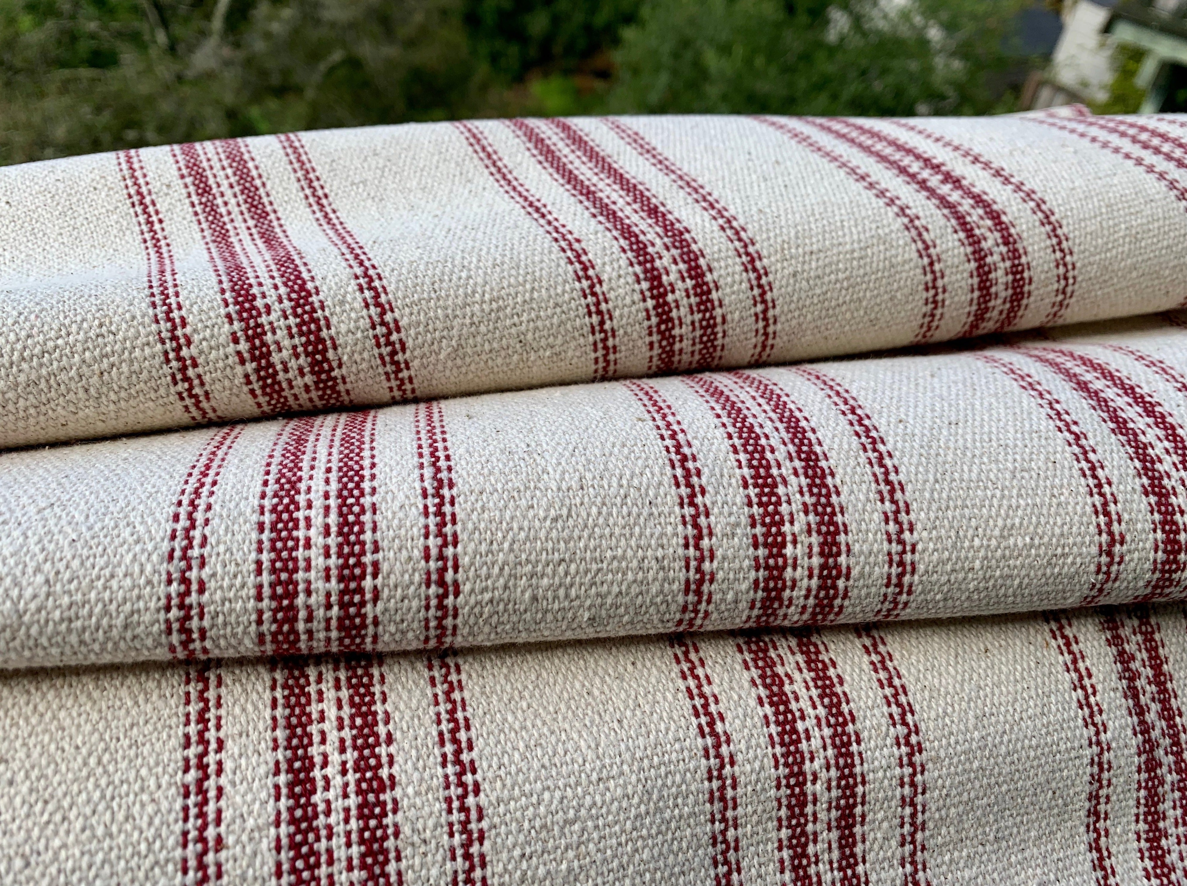 Grain Sack Fabric - Red Multi Stripes on Cream