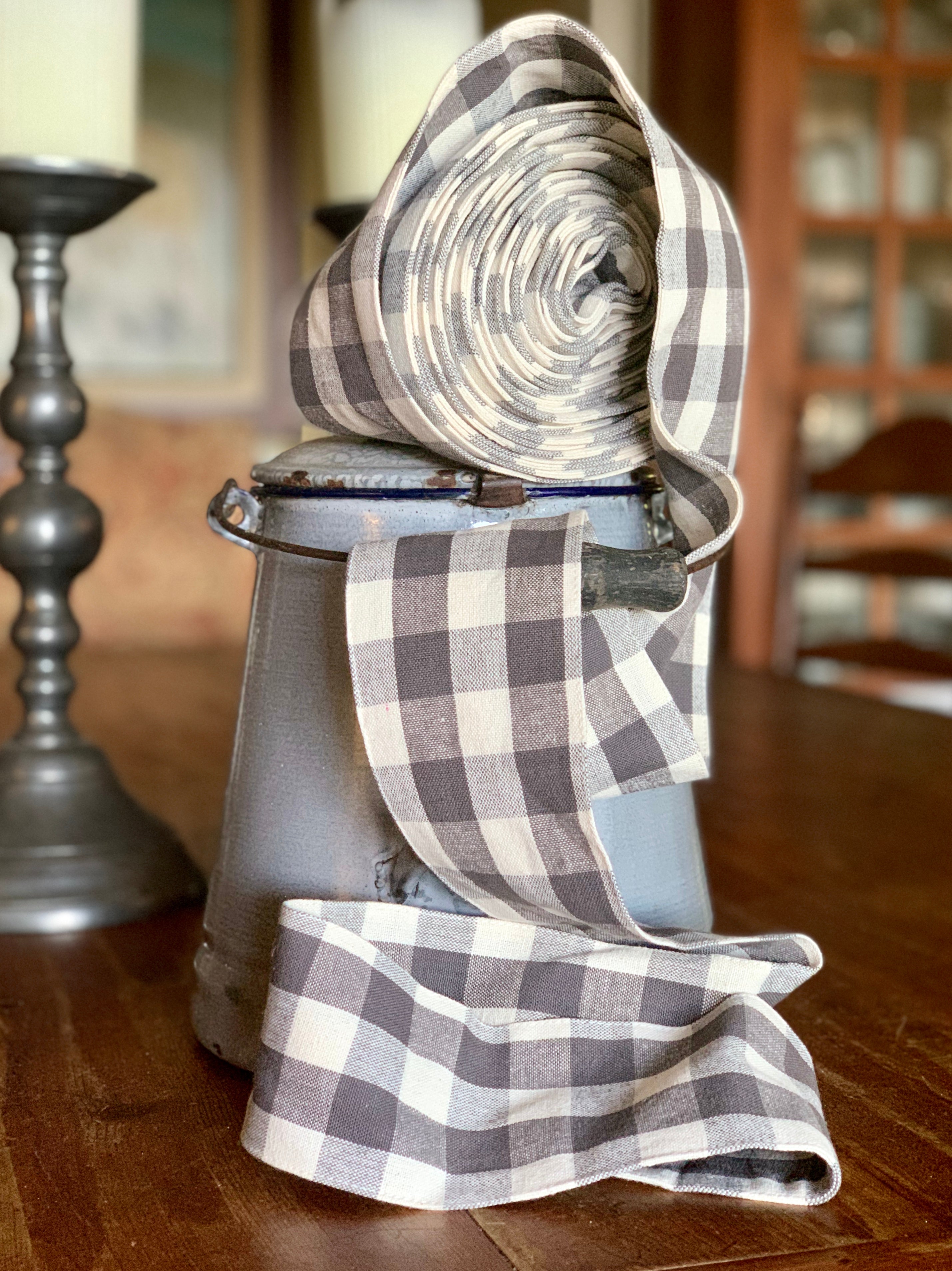 Gray and Natural Off-White Plaid 3" Double Layer Fabric Ribbon
