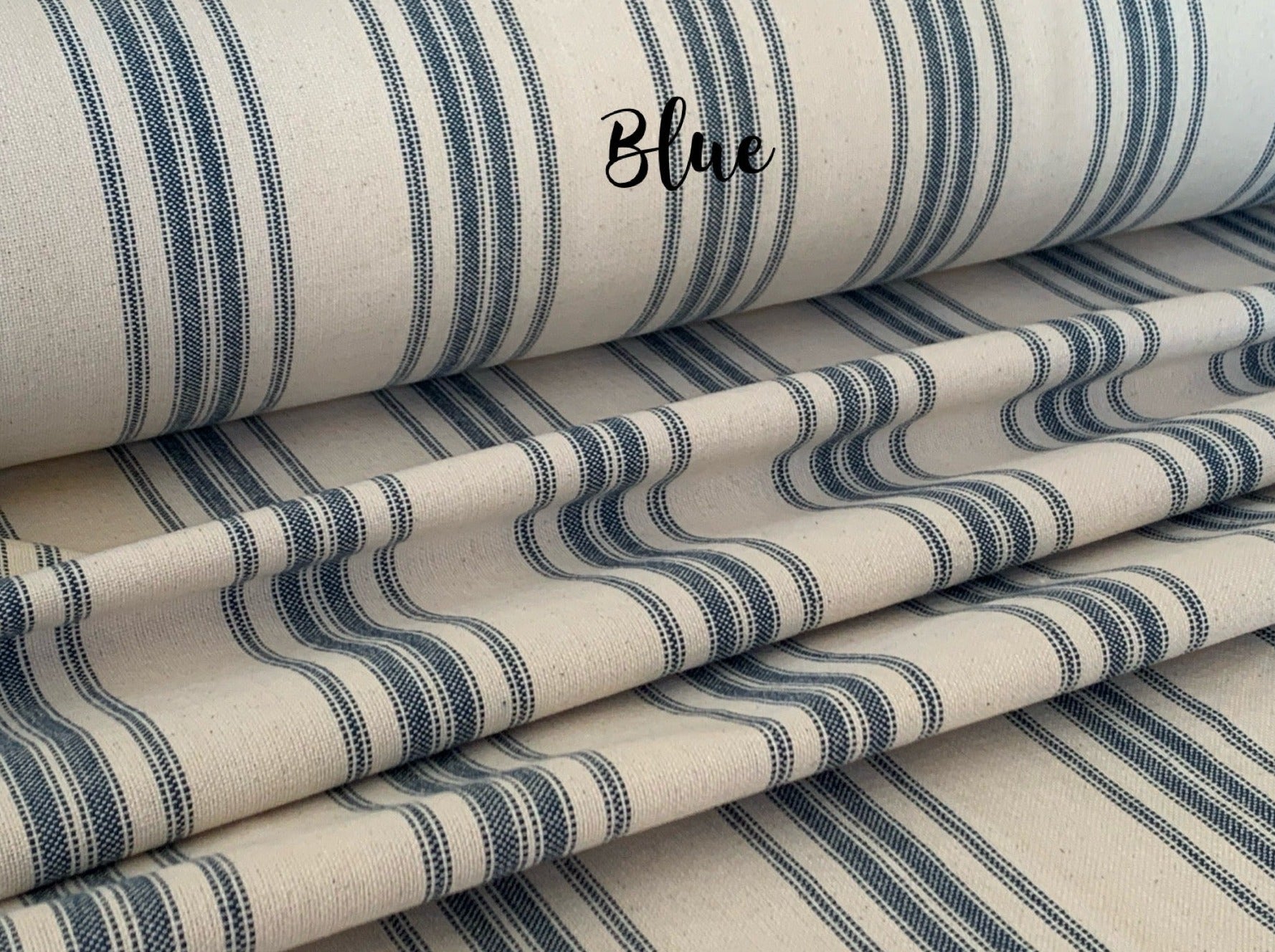 Our Exclusive 63" Blue on Cream Multi-Stripe - Grain Sack Fabric