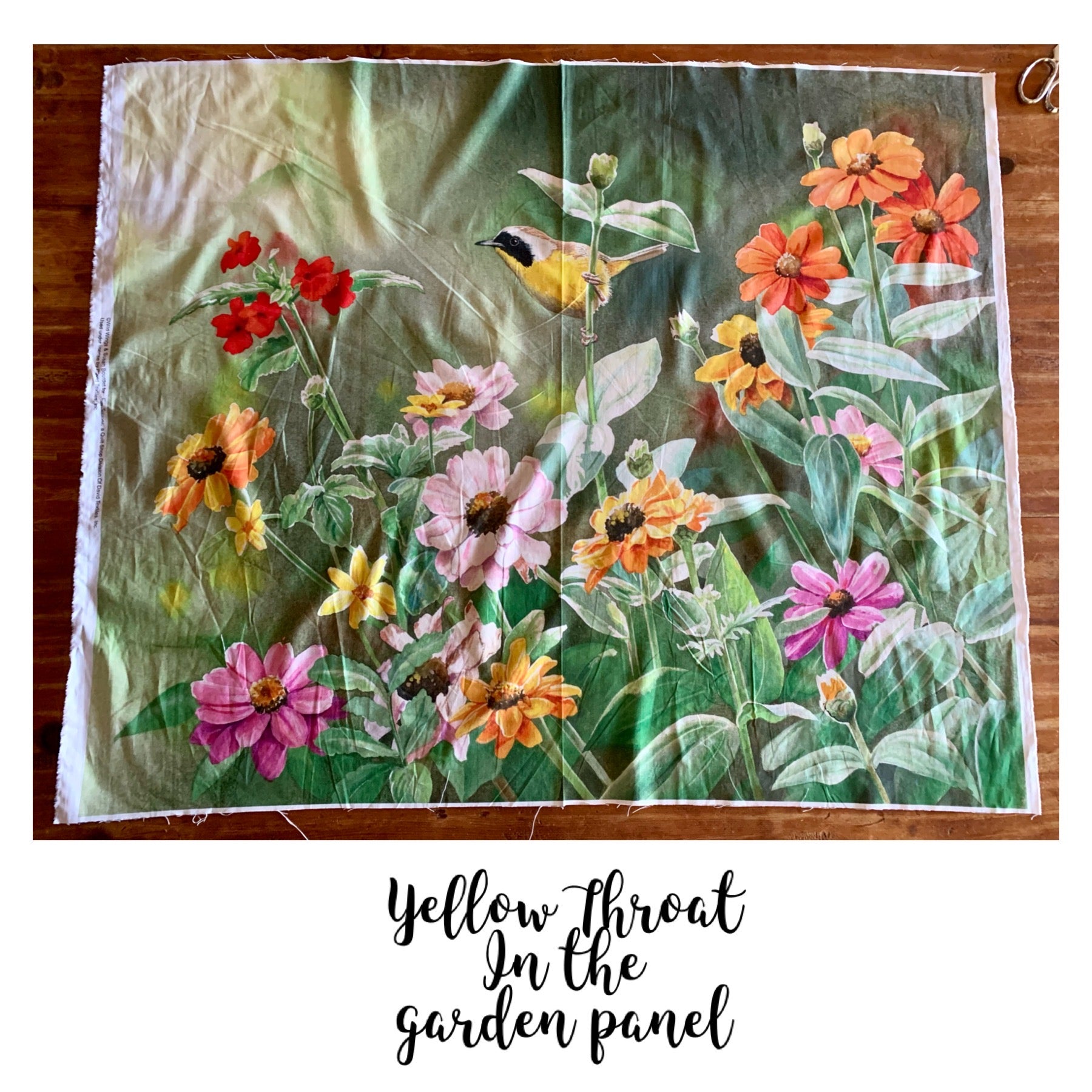 David Textiles Birds for all Seasons - Yellowthroat in the Garden Panel and Fabric by the Yard - Fall Fabric