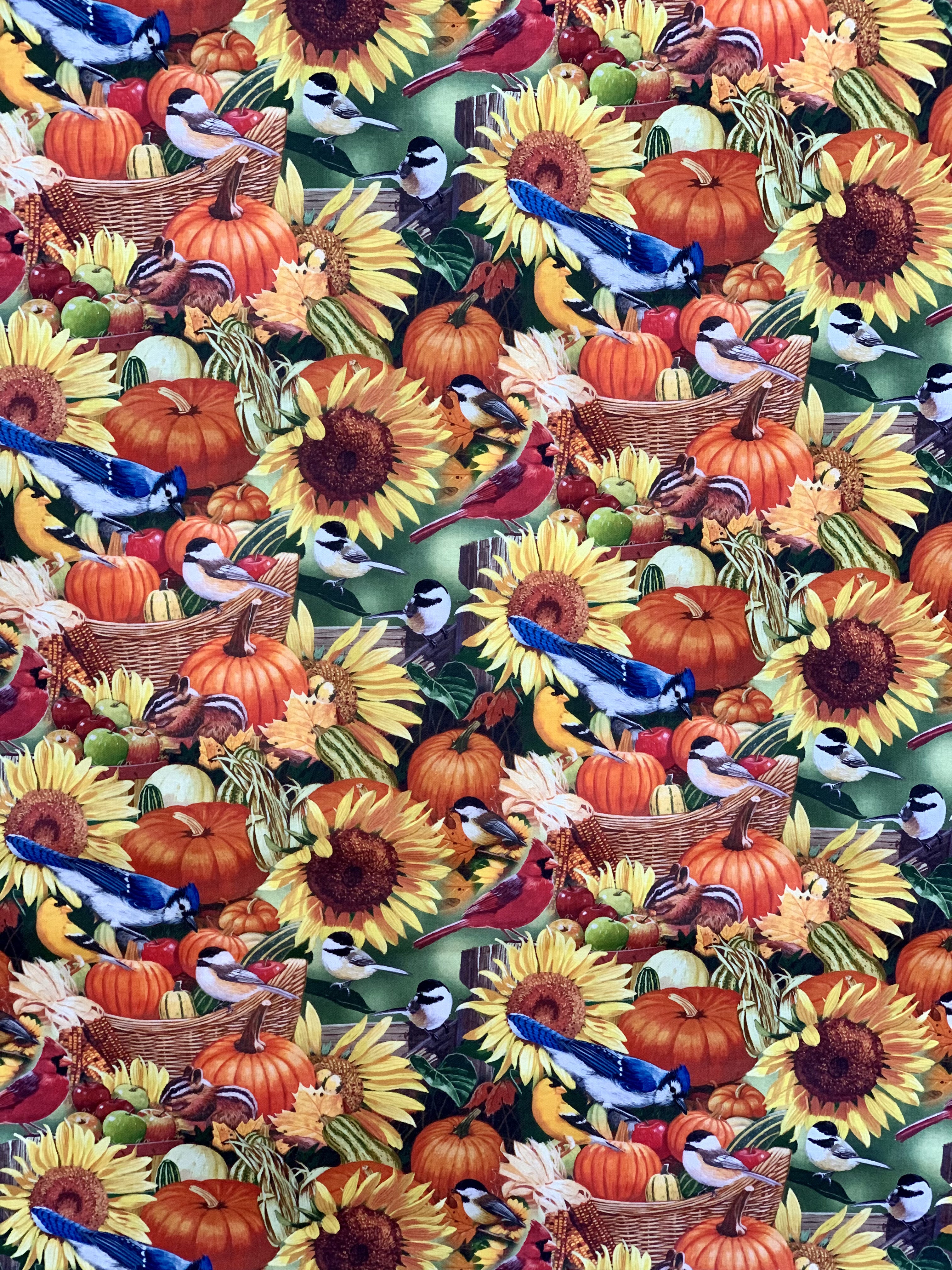 David Textiles Birds for all Seasons - Birds and Pumpkins Panel and Fabric by the Yard - Fall Fabric