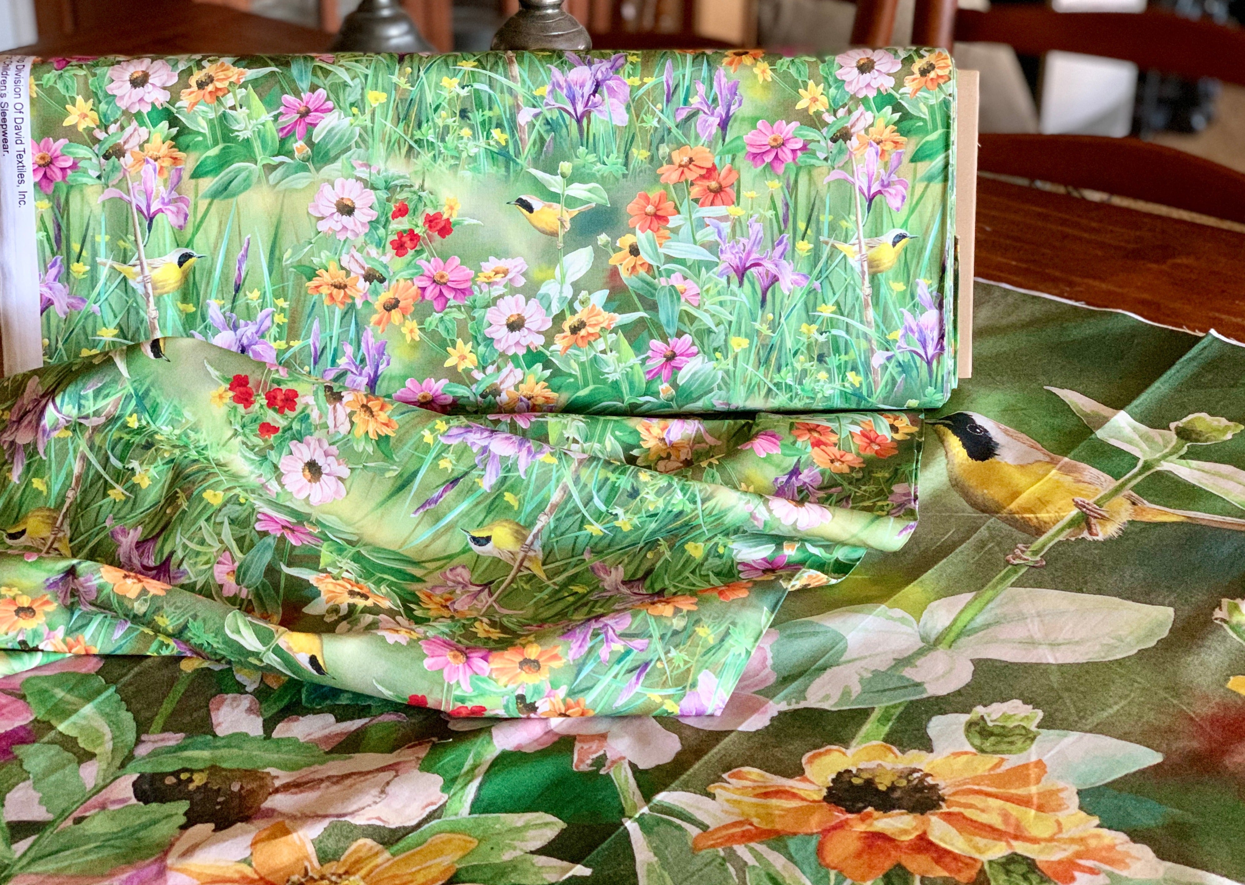 David Textiles Birds for all Seasons - Yellowthroat in the Garden Panel and Fabric by the Yard - Fall Fabric