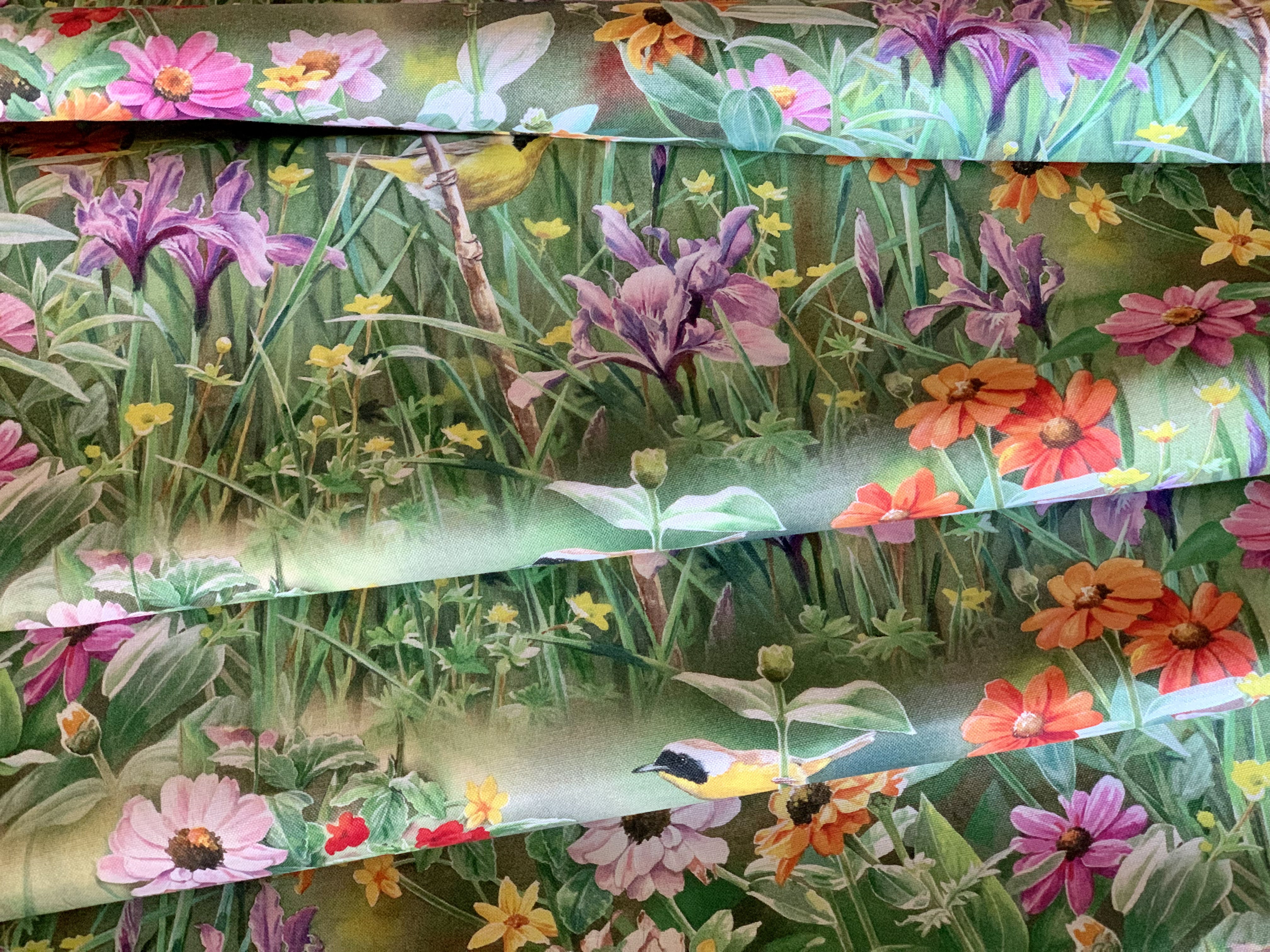 David Textiles Birds for all Seasons - Yellowthroat in the Garden Panel and Fabric by the Yard - Fall Fabric