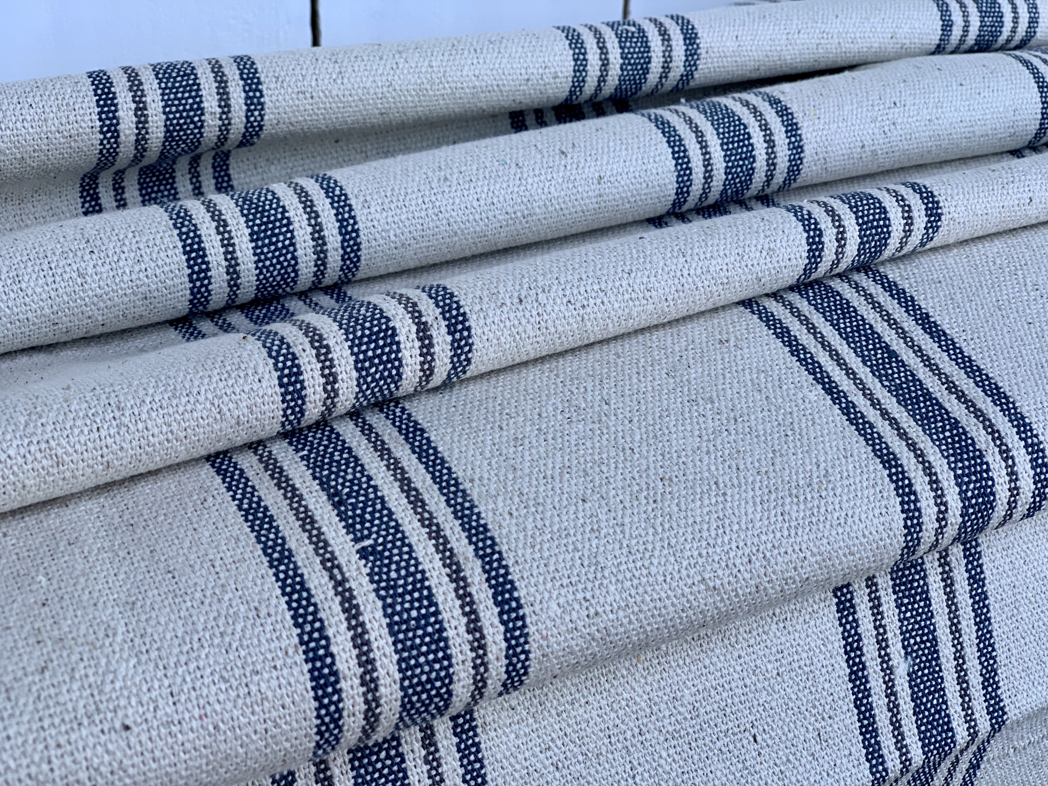 Blue and Gray Stripes on Cream - Grain Sack Fabric