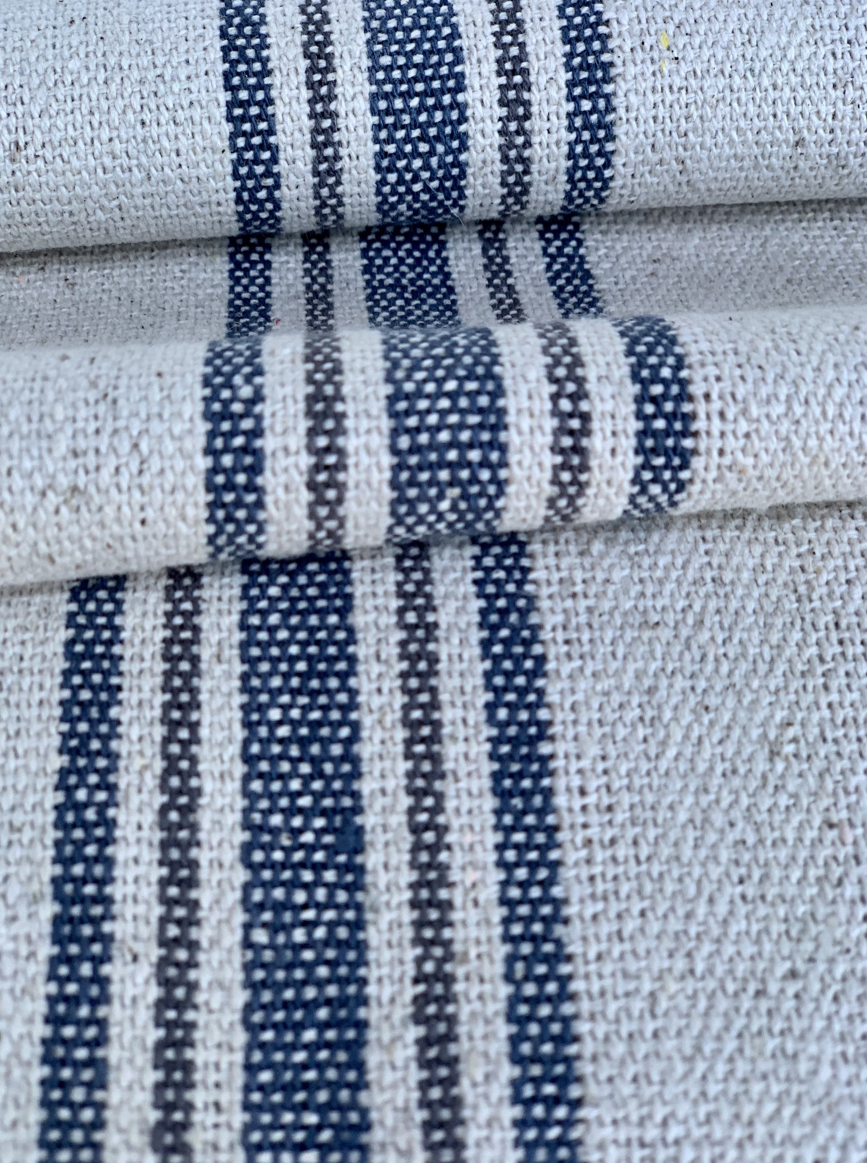 Blue and Gray Stripes on Cream - Grain Sack Fabric