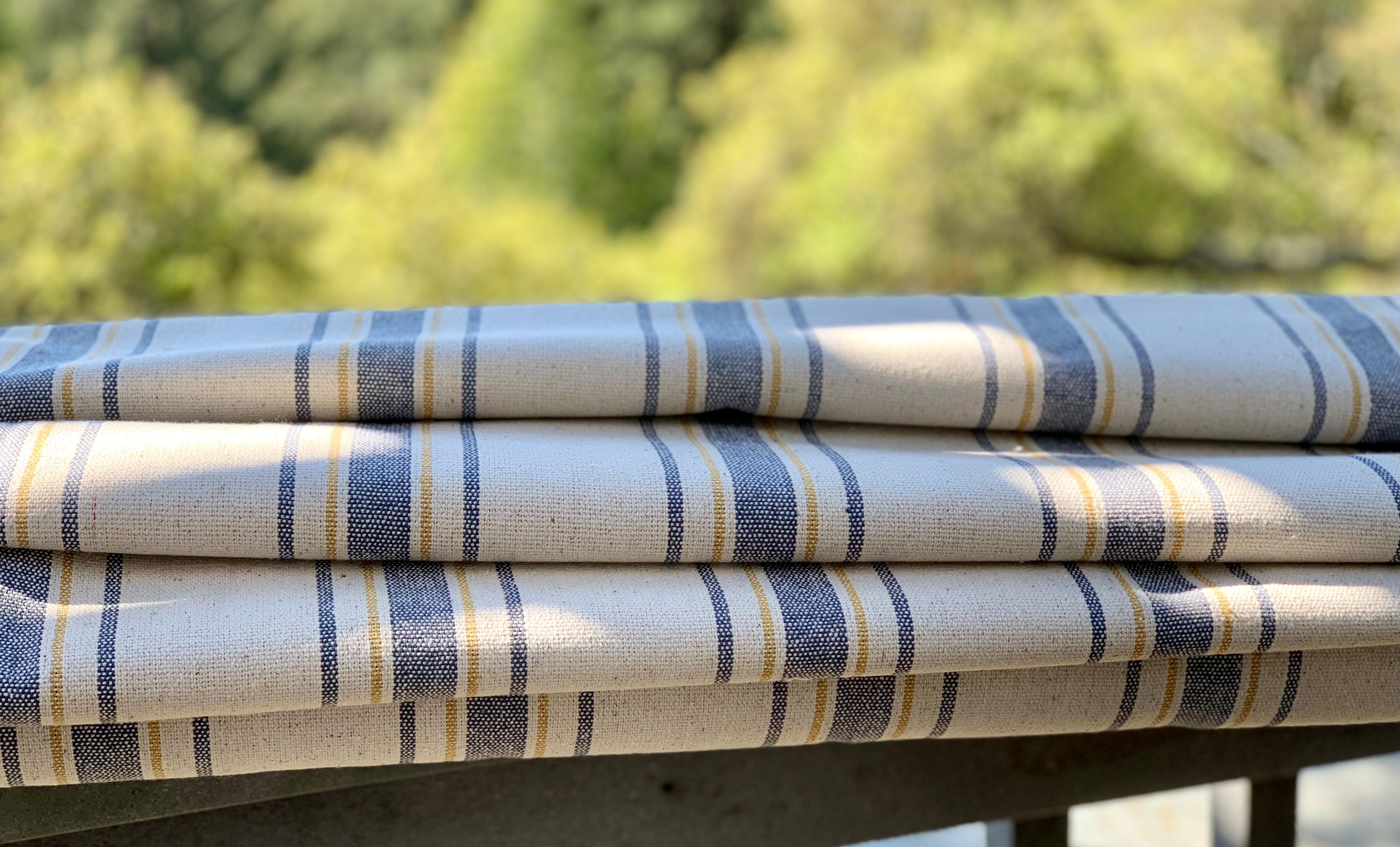 Blue and Yellow Stripes on Cream Background - Grain Sack Fabric