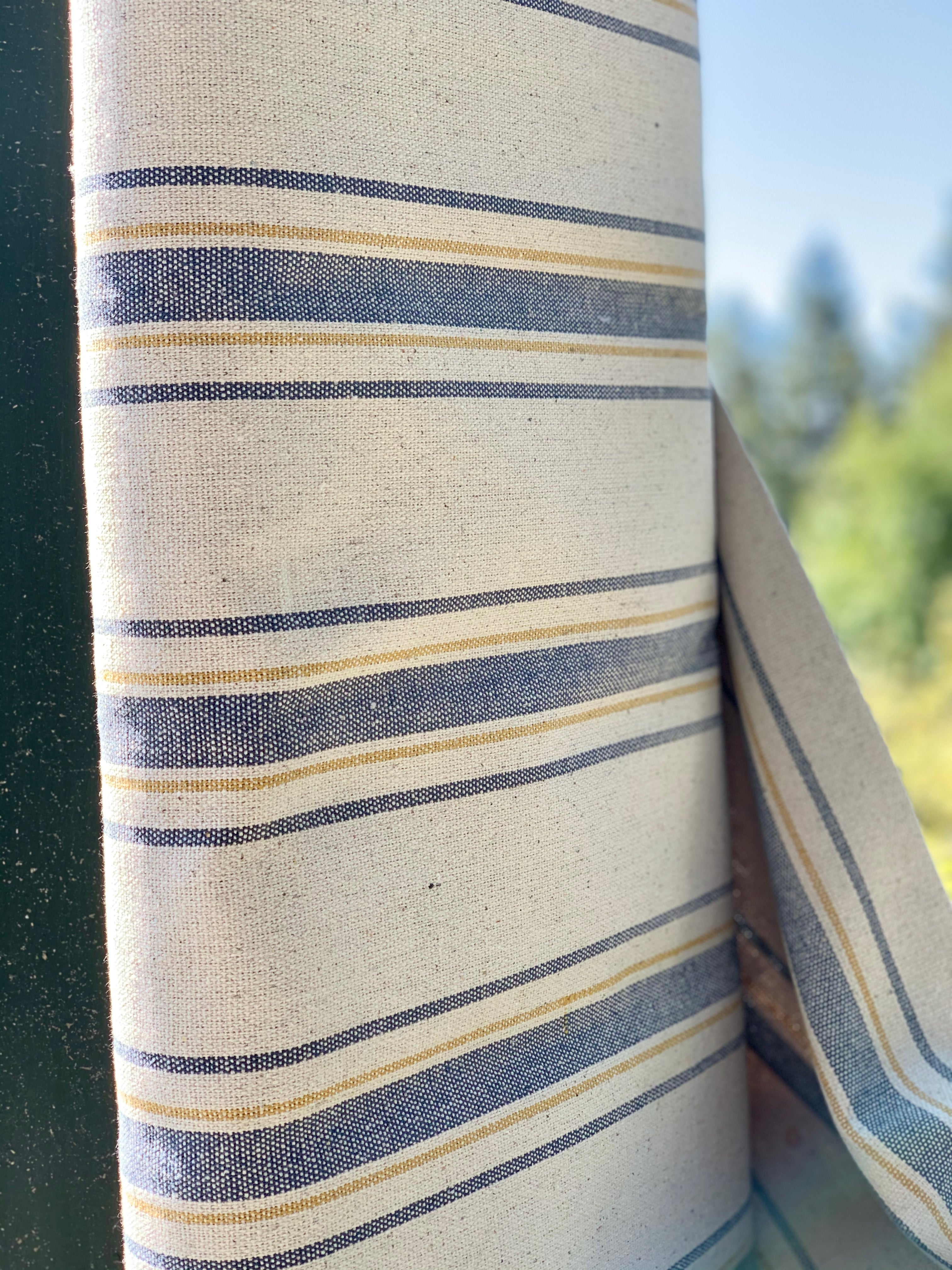 Blue and Yellow Stripes on Cream Background - Grain Sack Fabric