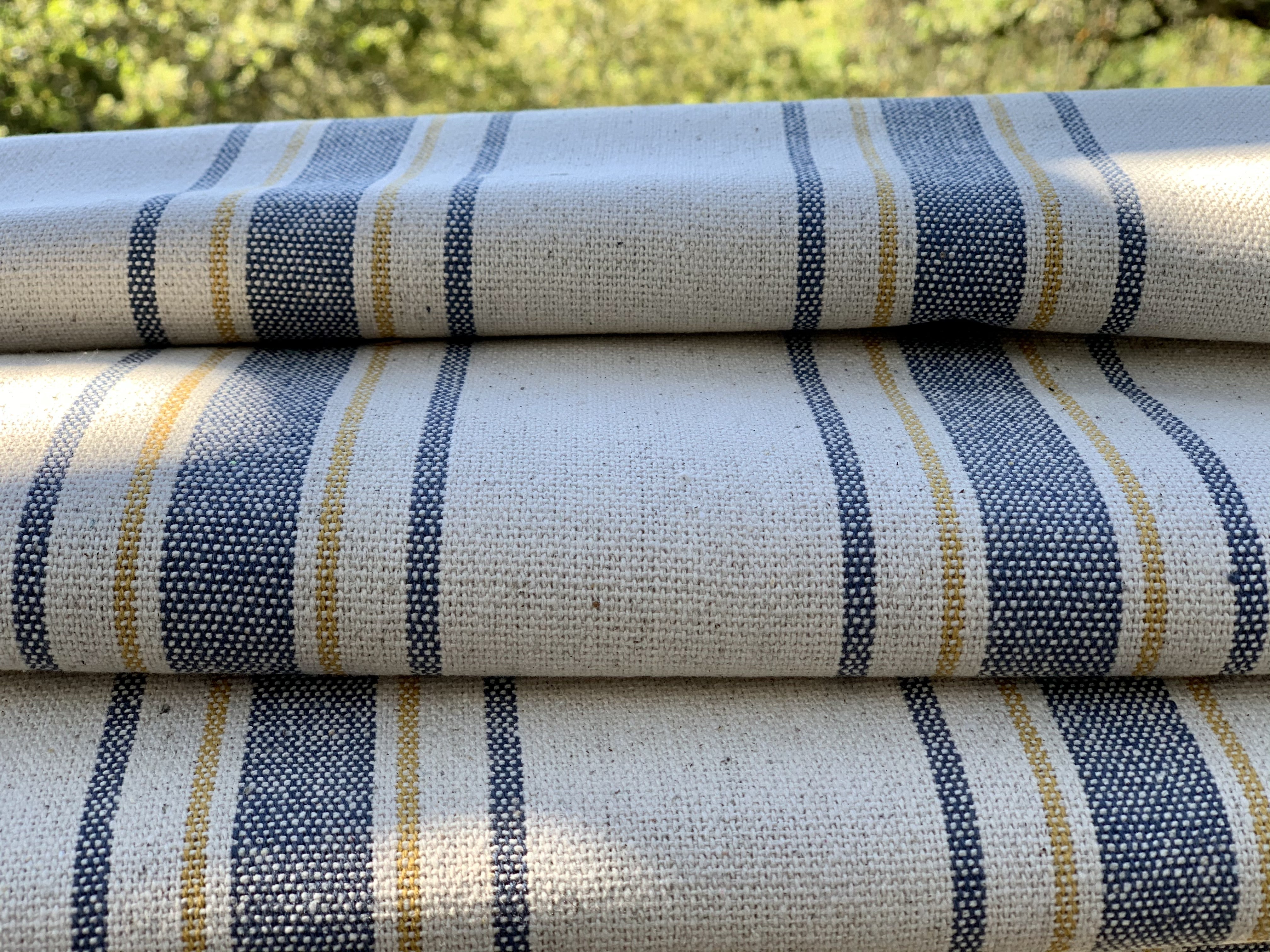Blue and Yellow Stripes on Cream Background - Grain Sack Fabric
