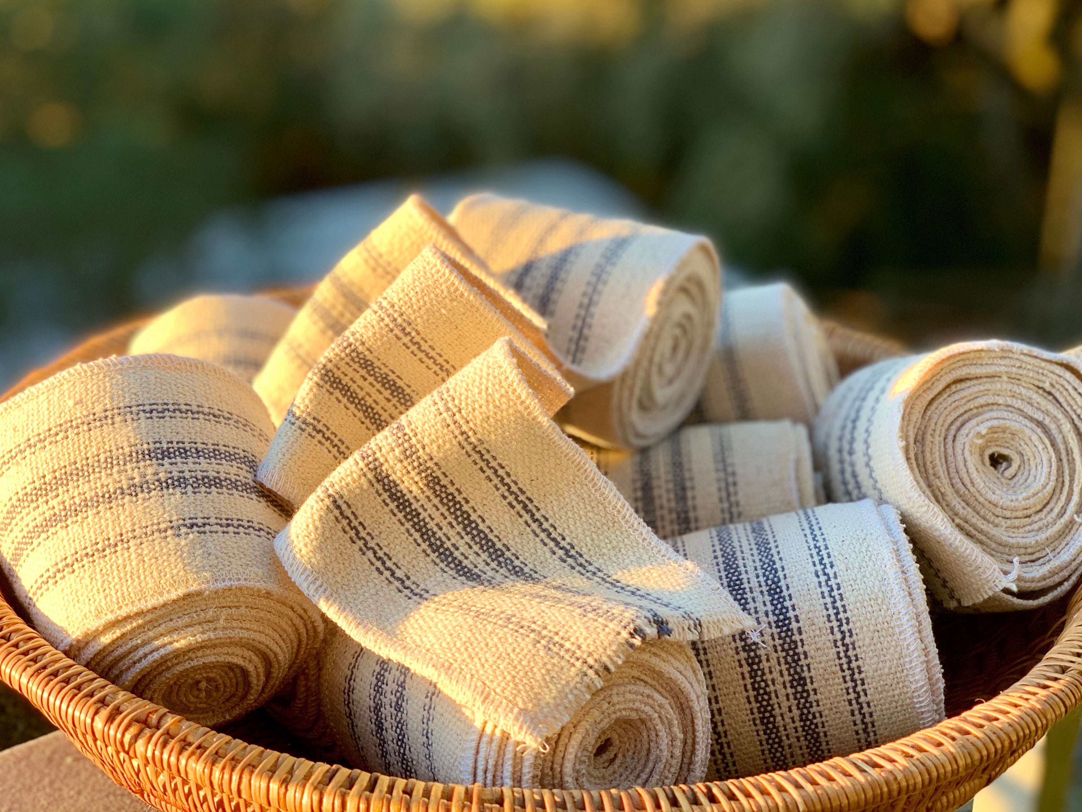 Grain Sack Ribbon - Blue and Cream - 3" Wide