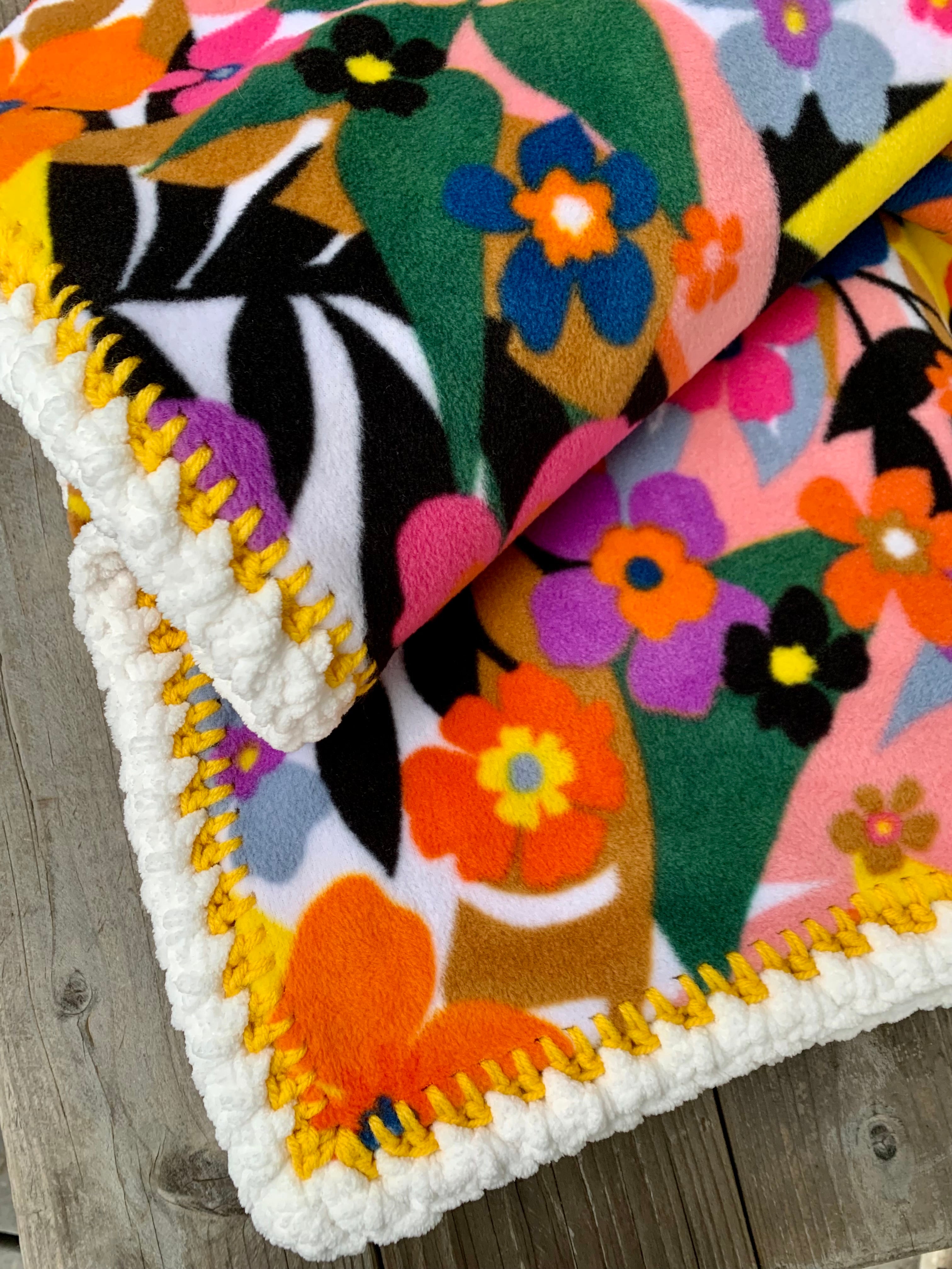 Crochet Edge Floral Fleece Blanket