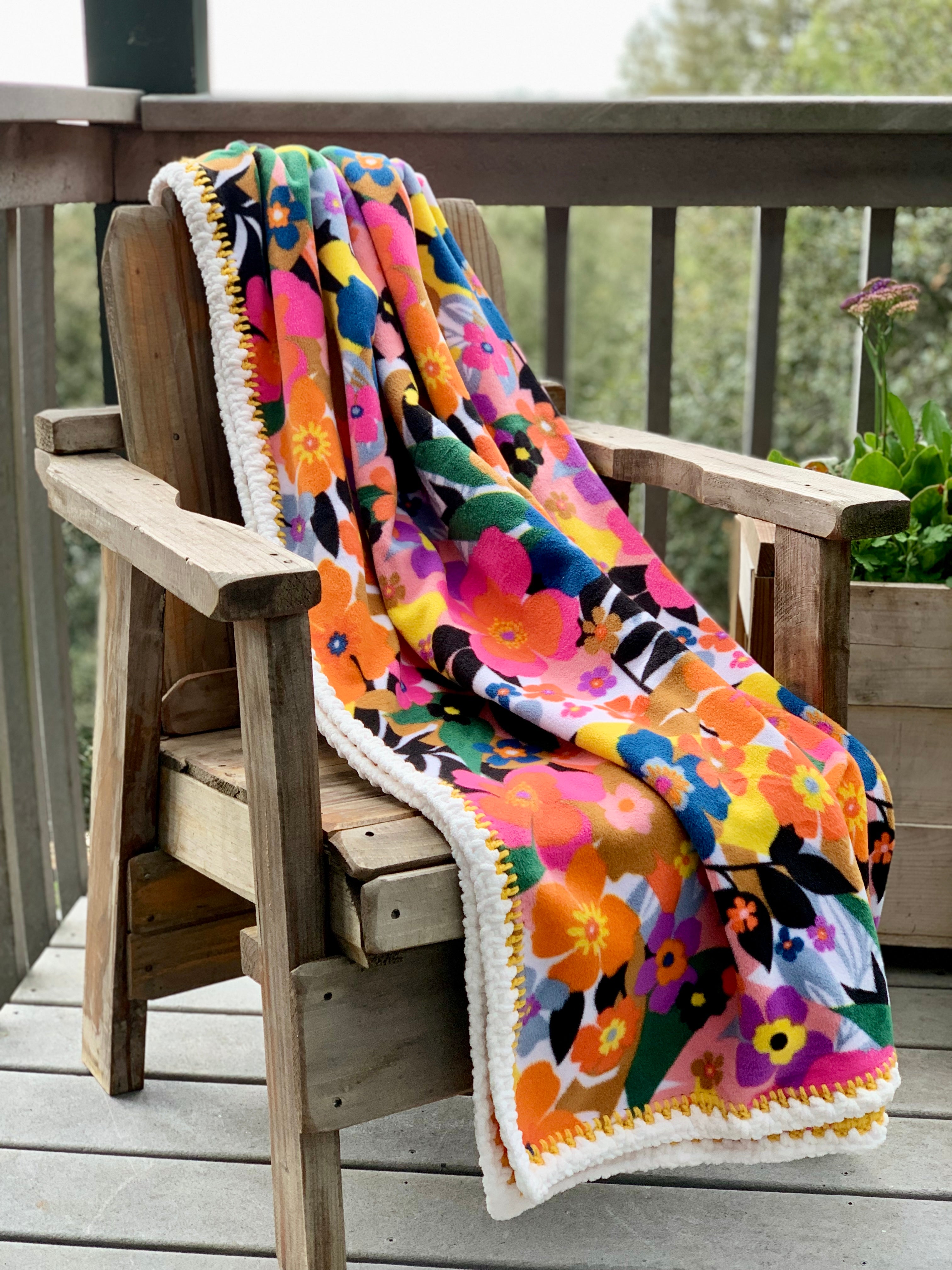 Crochet Edge Floral Fleece Blanket