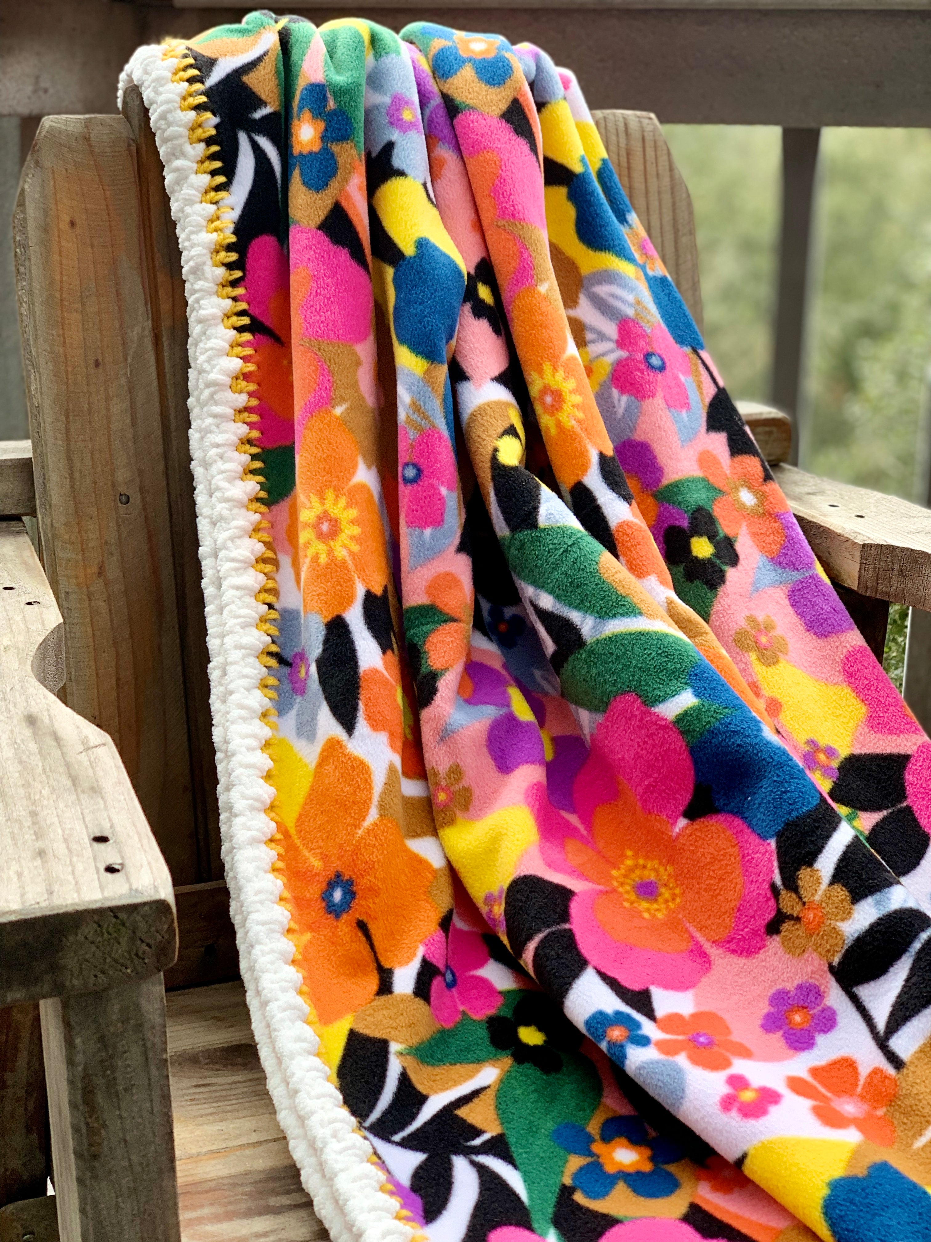Crochet Edge Floral Fleece Blanket