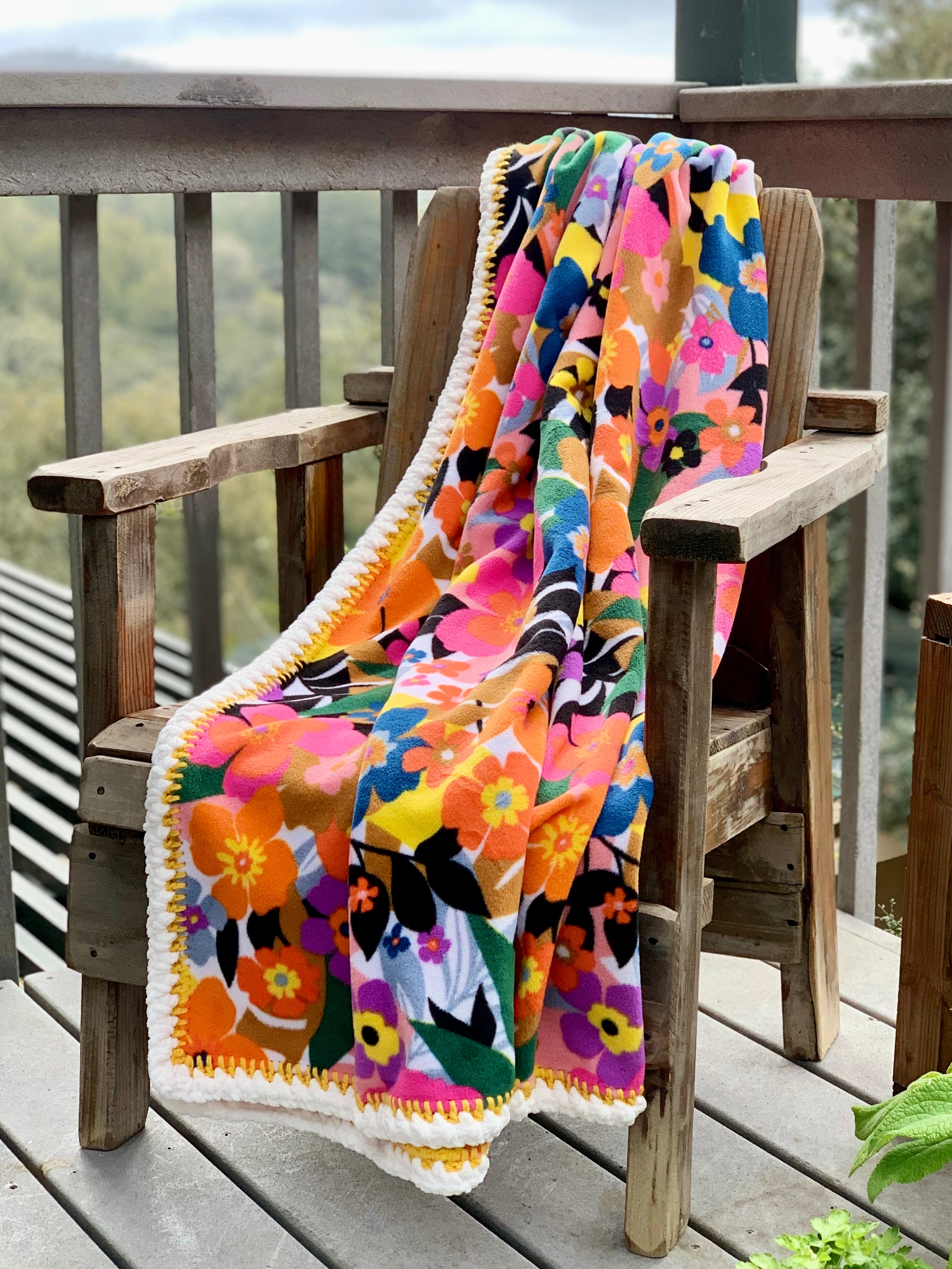 Crochet Edge Floral Fleece Blanket