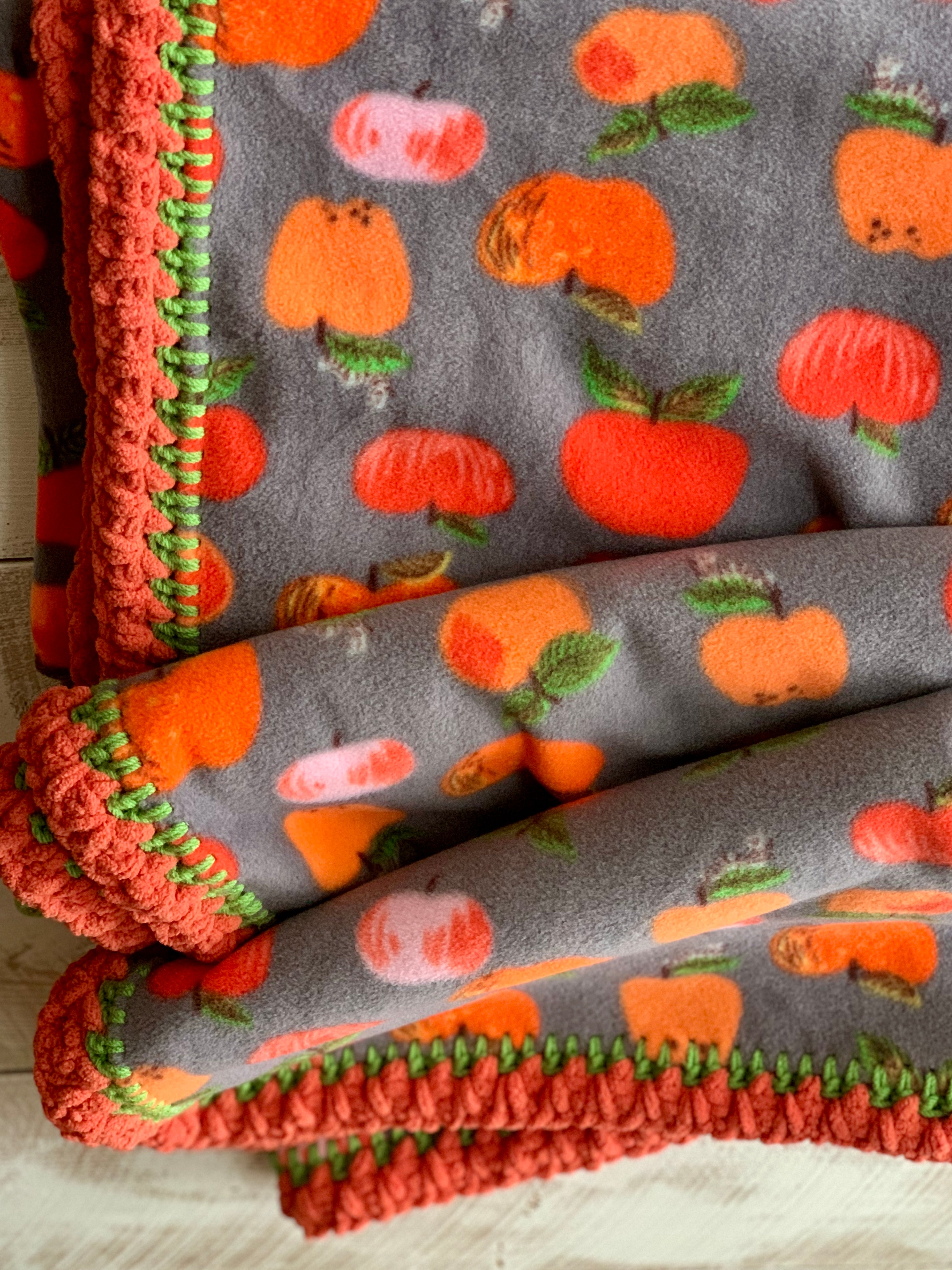 Crochet Edge Apple Fleece Blanket