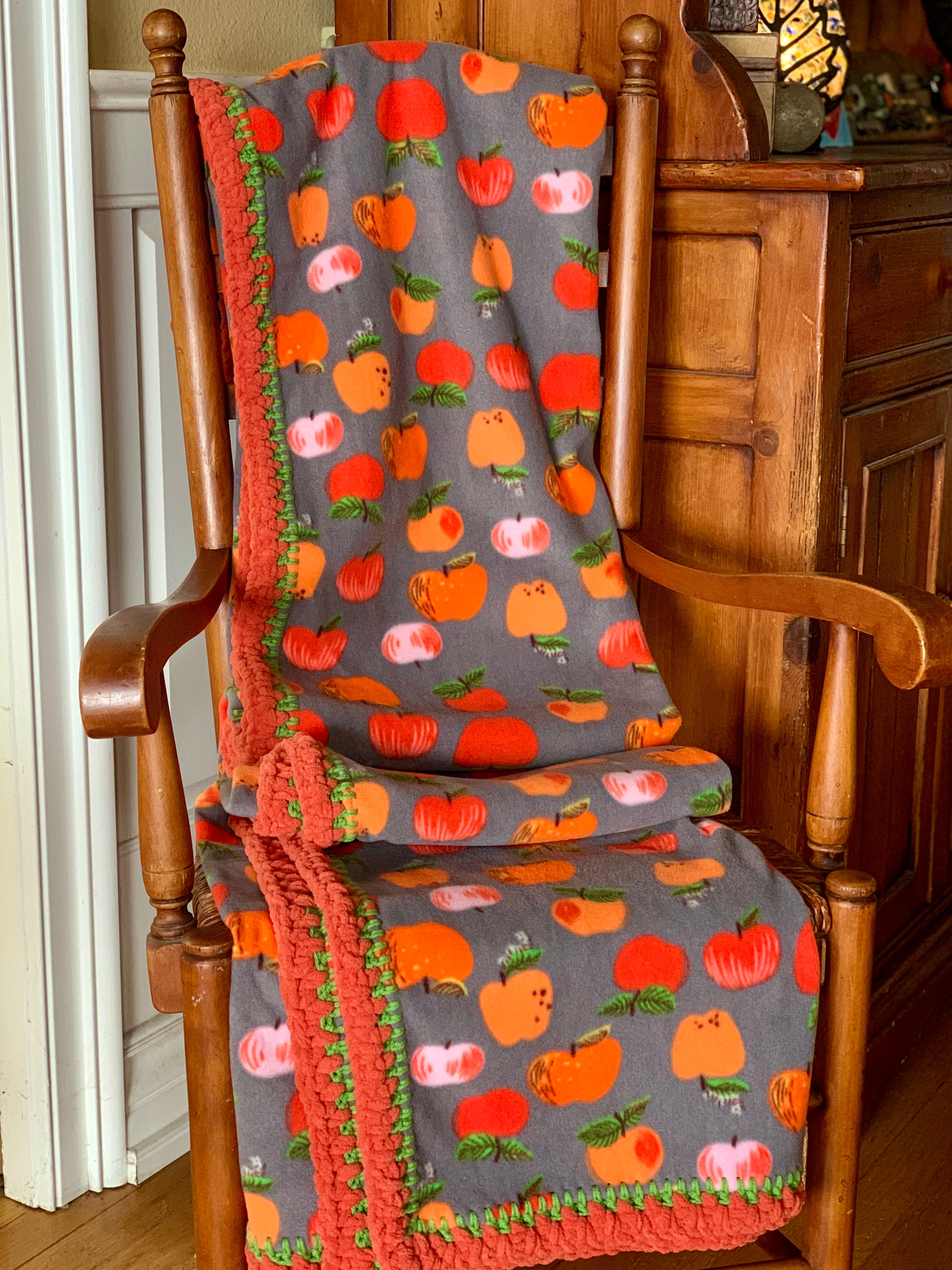 Crochet Edge Apple Fleece Blanket