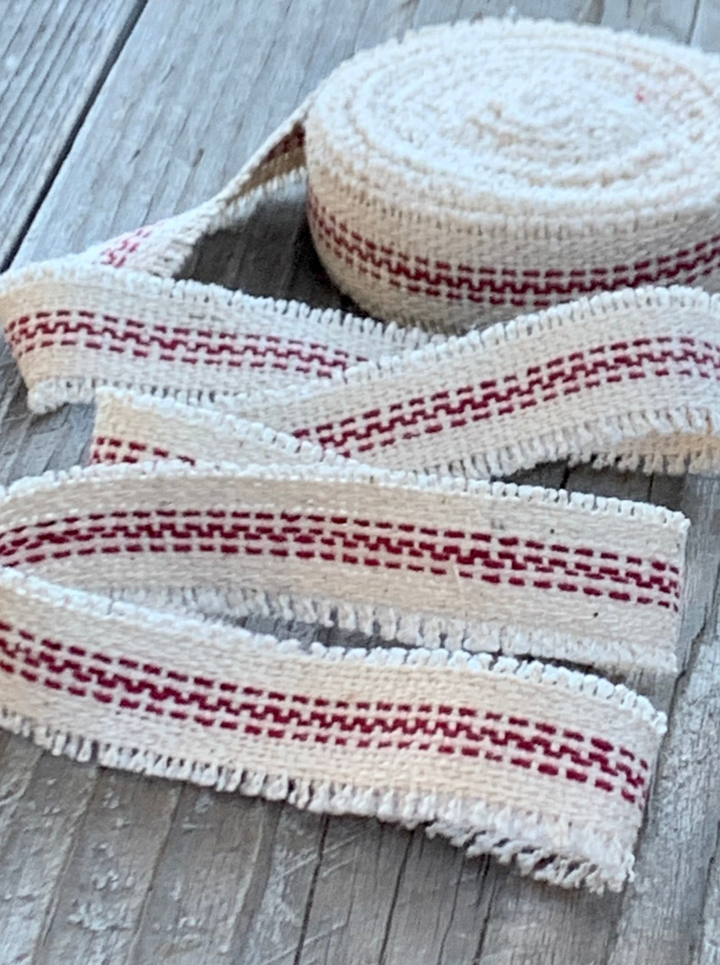 Grain Sack Ribbon - Tan and Cream - Red & Cream - Blue and Cream - Frayed Edge Ribbon - 3/4" Wide