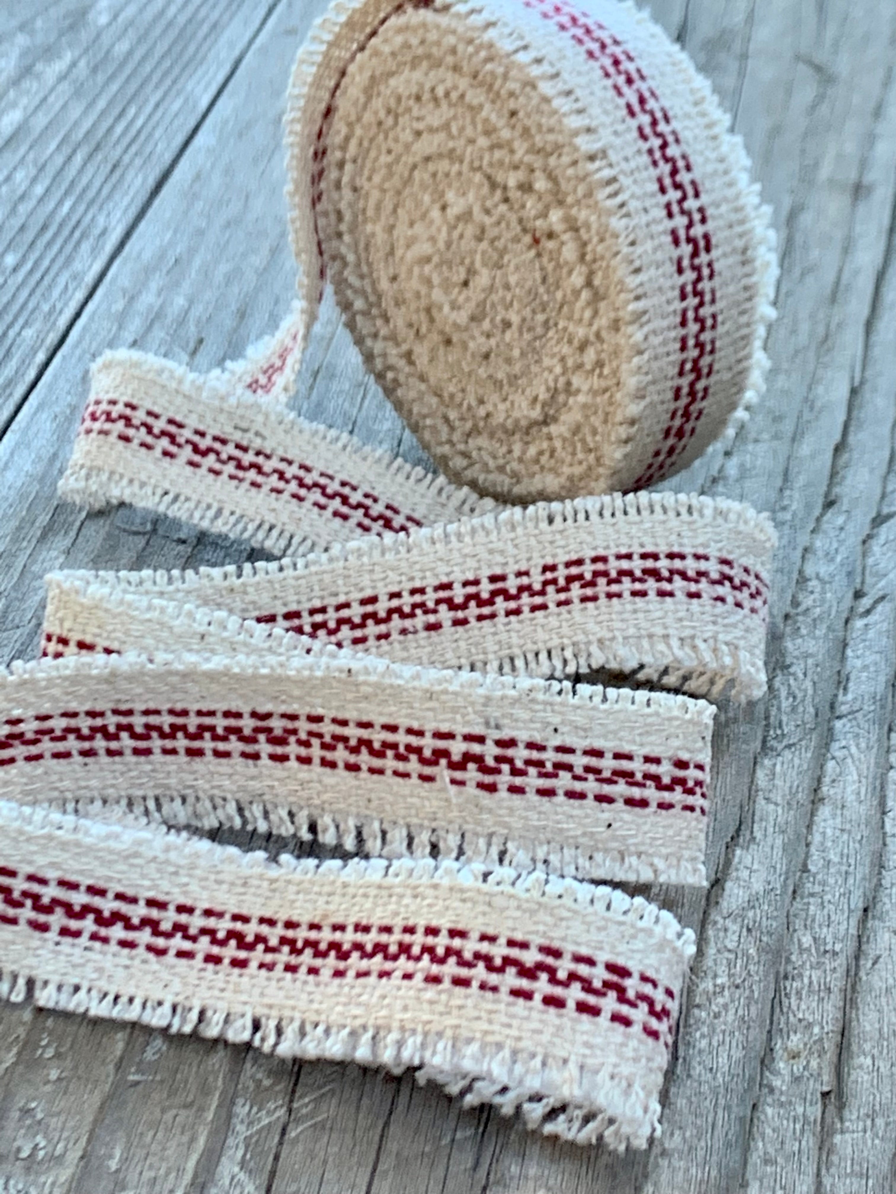 Grain Sack Ribbon - Tan and Cream - Red & Cream - Blue and Cream - Frayed Edge Ribbon - 3/4" Wide