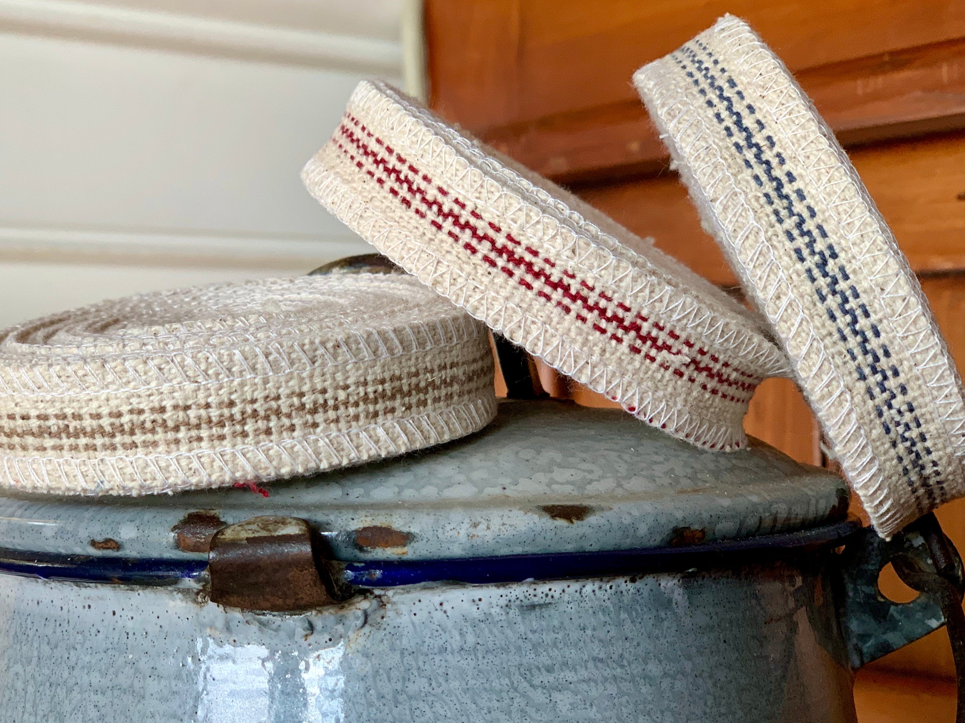 Grain Sack Ribbon - Tan and Cream - Red & Cream - Blue and Cream - 3/4" Wide