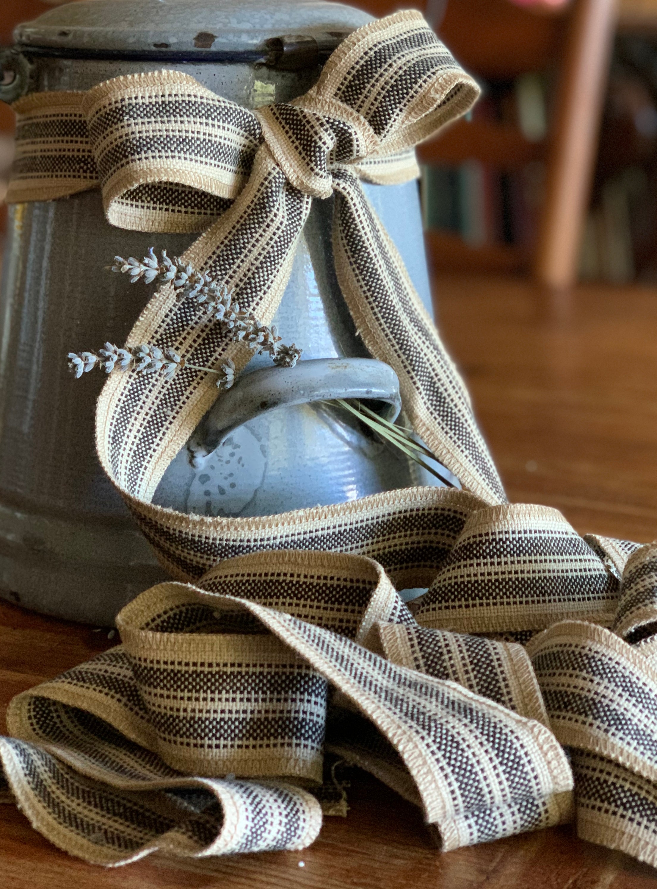 Grain Sack Ribbon - Black & Beige Stripe - 1 3/4" Wide