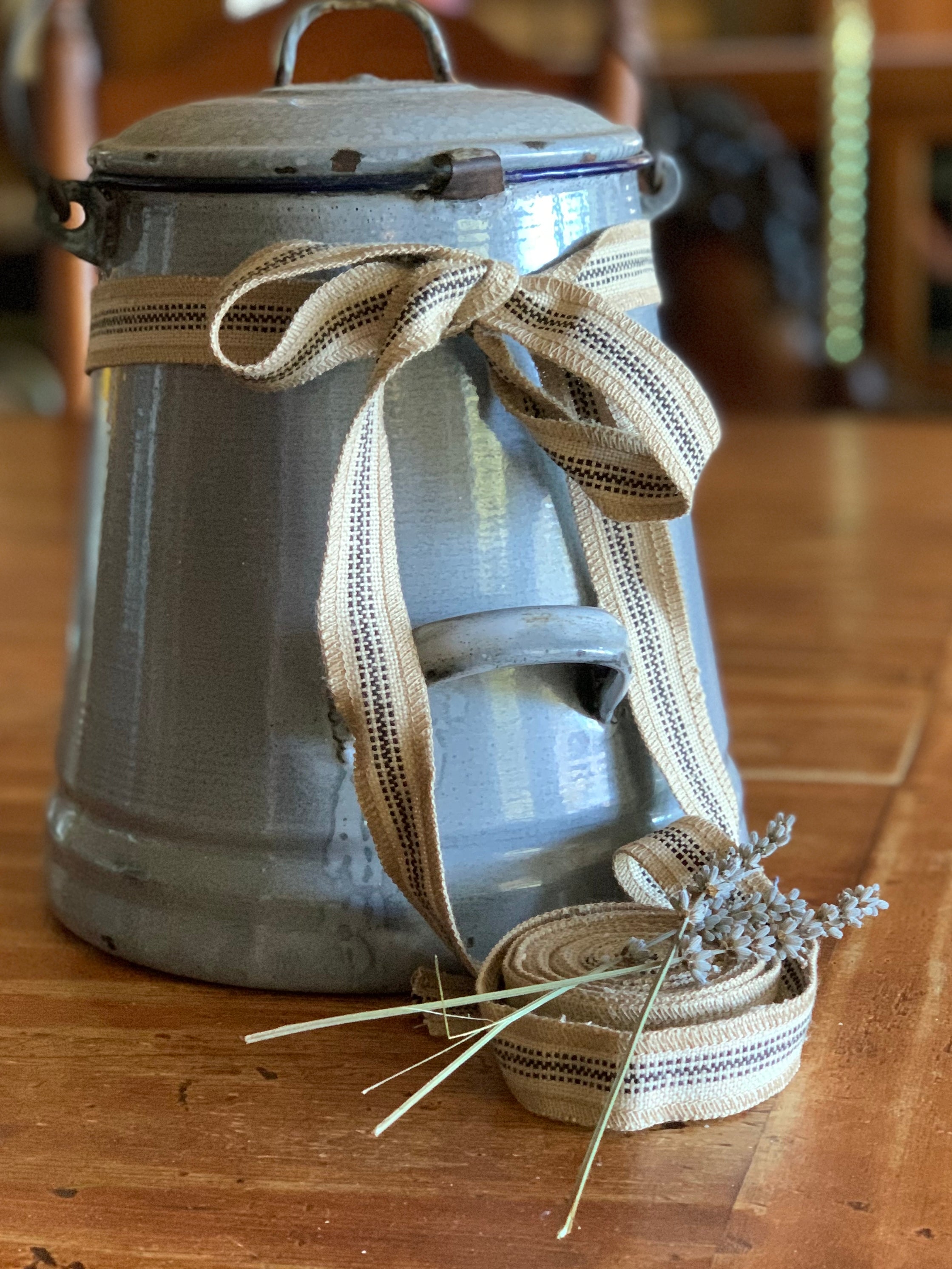 Grain Sack Ribbon - Black & Beige Stripe - 1" Wide