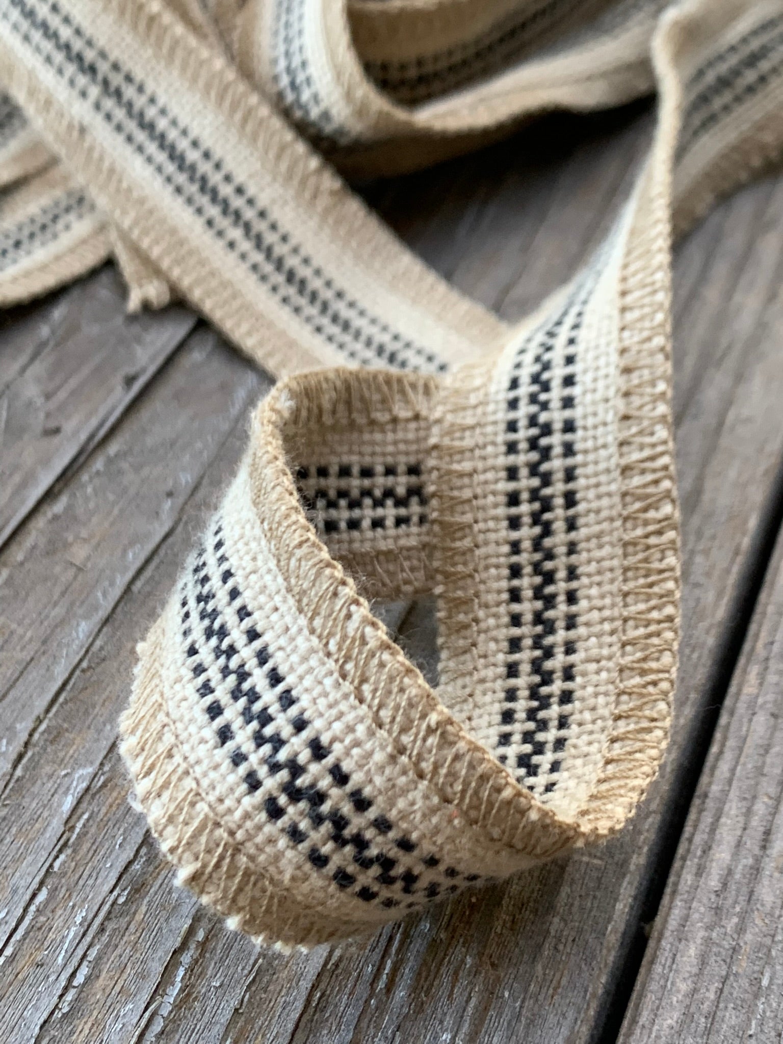 Grain Sack Ribbon - Black & Beige Stripe - 1" Wide