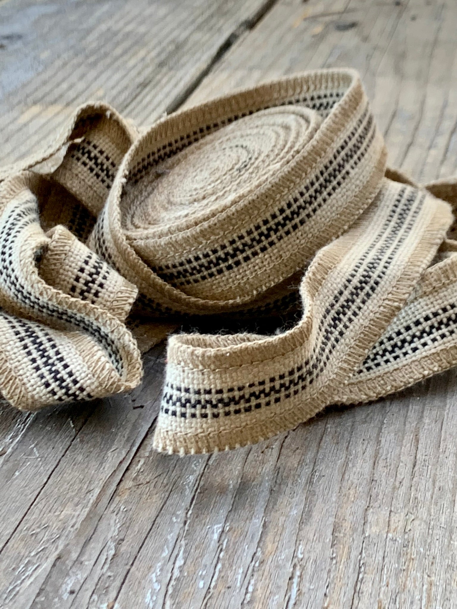 Grain Sack Ribbon - Black & Beige Stripe - 1" Wide